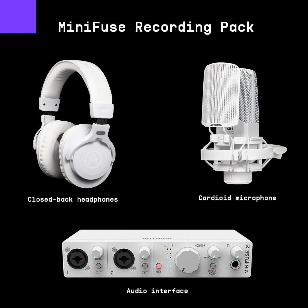 Arturia - MiniFuse Recording Pack - Compact USB Audio & MIDI Interface + Microphone + XLR Cable + Headphones + Creative Software for High-Quality Recording, Production, Podcasting, Guitar - |White] - Image 2