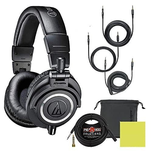 Audio Technica ATH-M50X Professional Studio Monitor Headphones Black Bundle with Pig hog Extension Cable & Liquid Polishing Cloth with Detachable Cable - Image 10