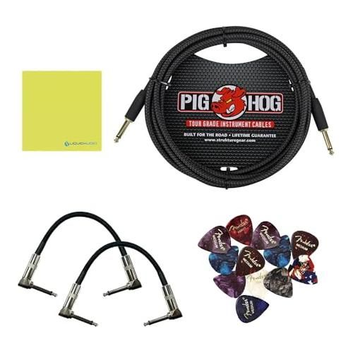Boss FZ-1W Fuzz Pedal Bundle w/ 2-Pack Strukture S6P48 Woven Right Angle Patch Cable, Pig Hog PCH10BK "Black Woven" Instrument Cable, 12-Pack Guitar Pick and Liquid Audio Polishing Cloth - Image 2