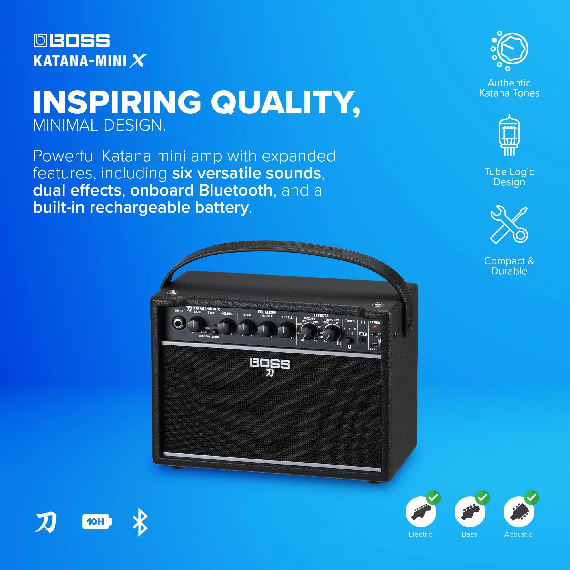 BOSS Katana-Mini X | Powerful 10-Watt Mini Amplifier for Electric, Acoustic & Bass | Tube Logic Design | Custom 5” Speaker | Versatile Sounds & Dual Effects | Bluetooth | Built-in Rechargeable Battery - Image 2