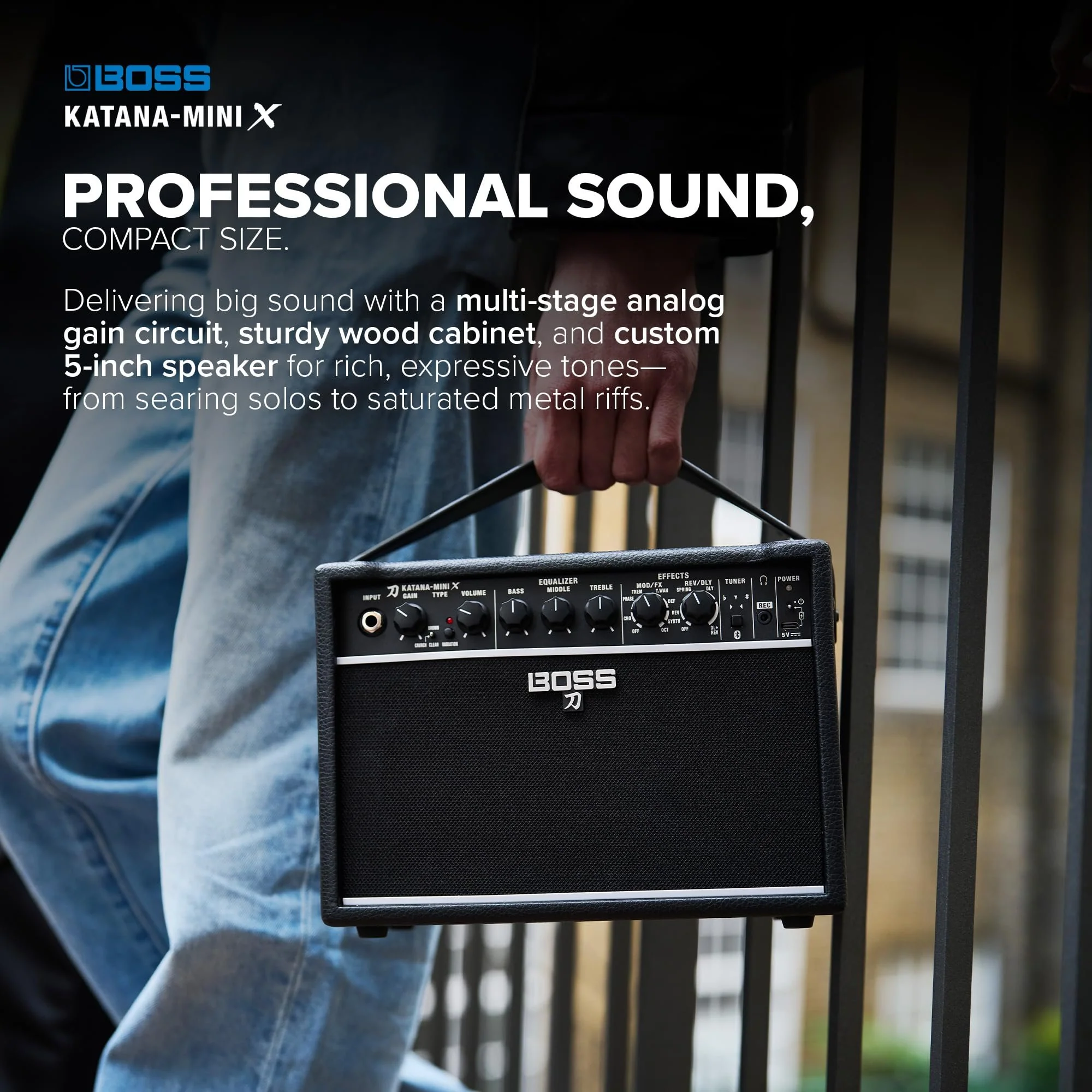 BOSS Katana-Mini X | Powerful 10-Watt Mini Amplifier for Electric, Acoustic & Bass | Tube Logic Design | Custom 5” Speaker | Versatile Sounds & Dual Effects | Bluetooth | Built-in Rechargeable Battery - Image 3