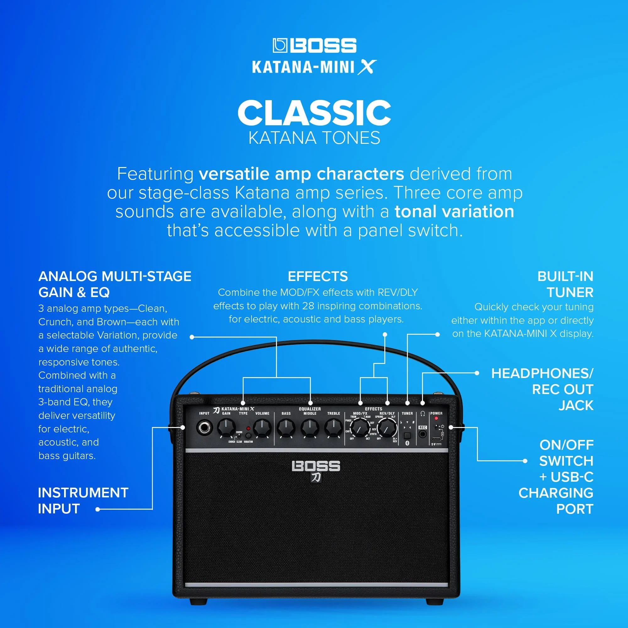 BOSS Katana-Mini X | Powerful 10-Watt Mini Amplifier for Electric, Acoustic & Bass | Tube Logic Design | Custom 5” Speaker | Versatile Sounds & Dual Effects | Bluetooth | Built-in Rechargeable Battery - Image 4