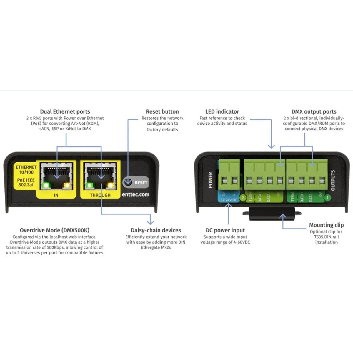 ENTTEC DIN Ethergate Mk2 POE 71031 2 Universe Bi-Directional Ethernet to Dual DMX RDM Converter, DMX500K Compatible - Image 6
