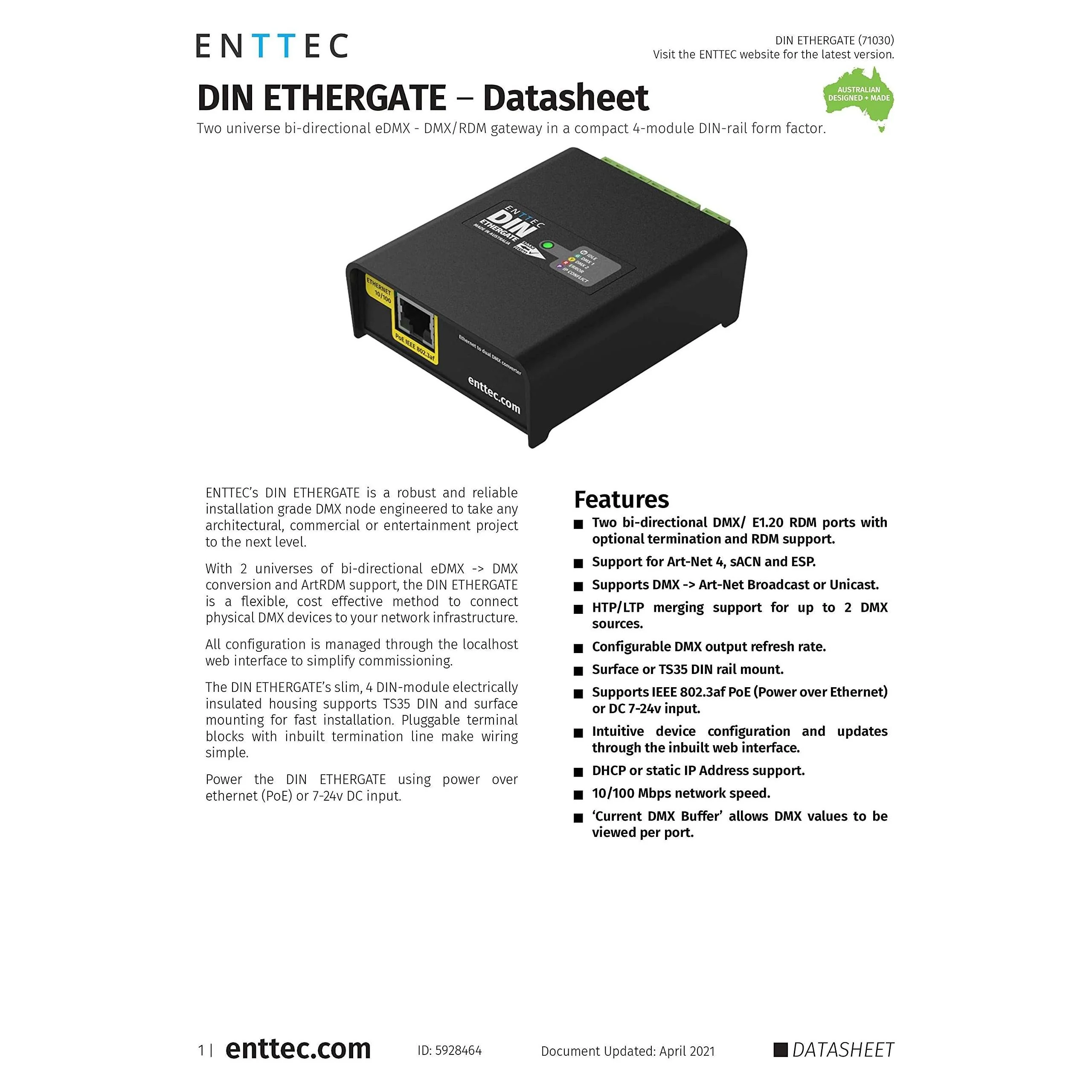ENTTEC DIN Ethergate POE 71030 2 Universe Ethernet to Dual DMX RDM Converter, Black - Image 6