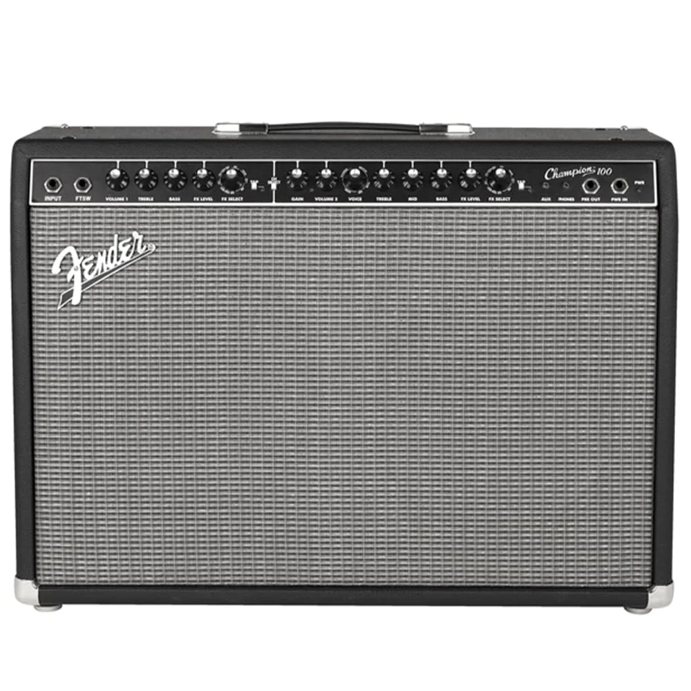 Fender Champion™ 100 Guitar Combo Amplifier, 120V, Black and Silver, 2330400000 Bundle w/Pig Hog PCH10BK “Black Woven” Instrument Cable, 12-Pack Guitar Picks & Liquid Audio Polishing Cloth - Image 5