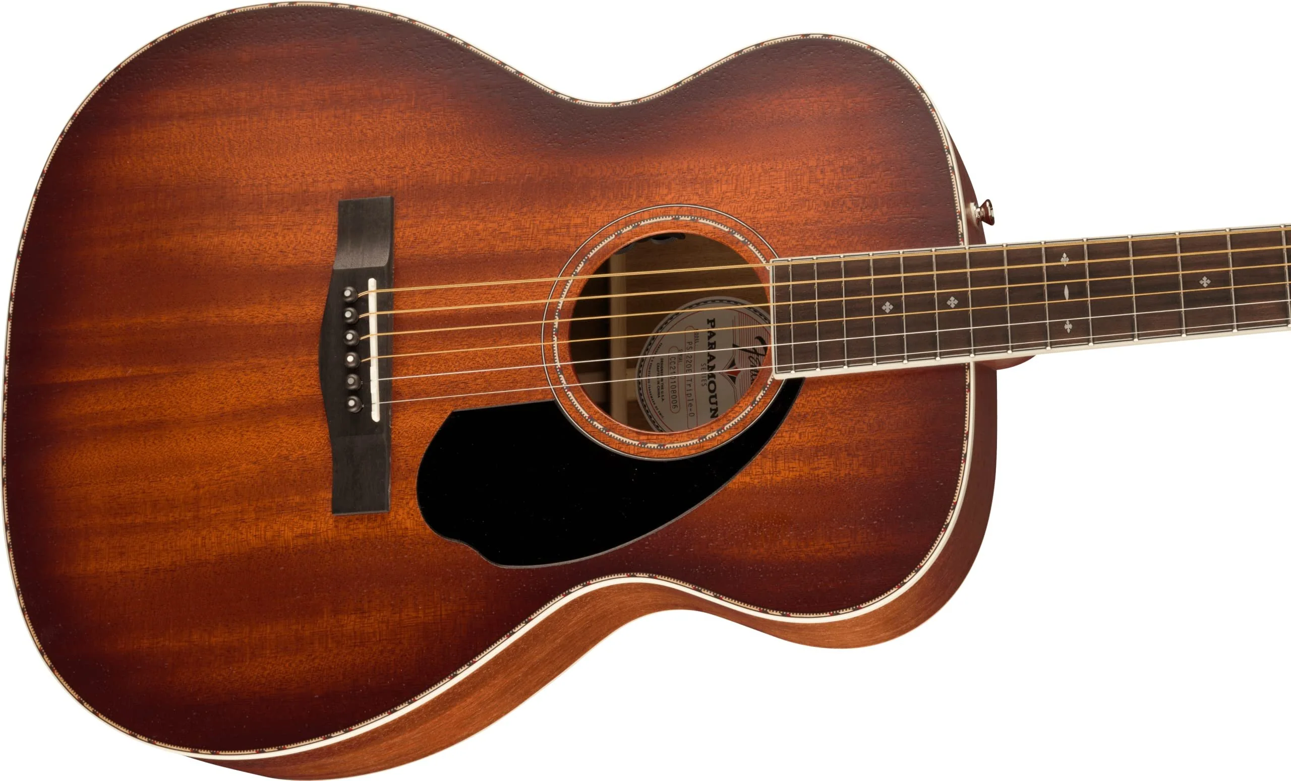Fender Paramount PO-220E All-Mahogany Orchestra Acoustic Guitar, with 2-Year Warranty, Aged Cognac Burst, with Case - Image 5