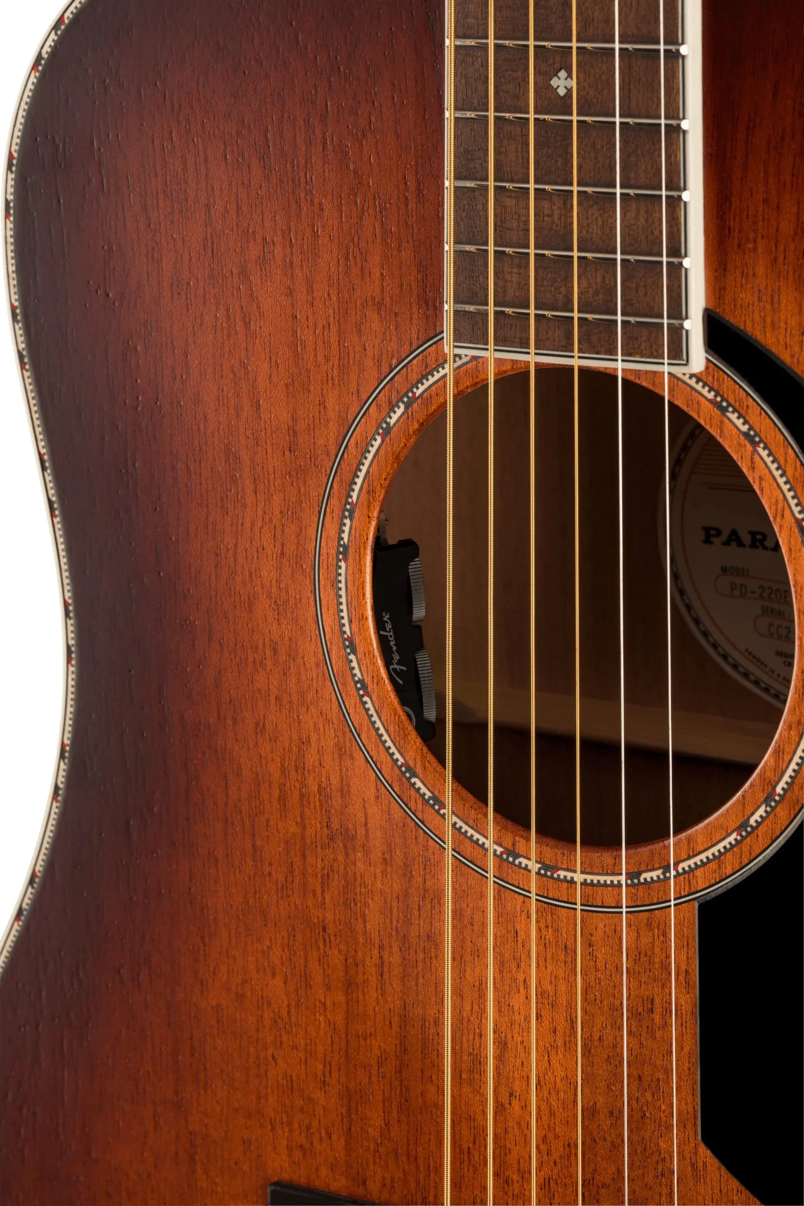 Fender Paramount PO-220E All-Mahogany Orchestra Acoustic Guitar, with 2-Year Warranty, Aged Cognac Burst, with Case - Image 8