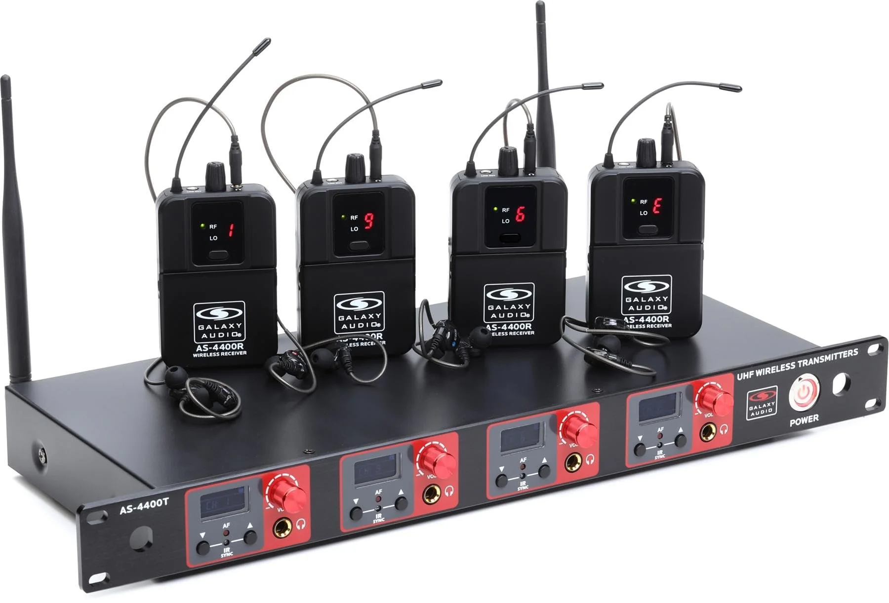 Galaxy Audio AS-4400 Quad UHF Wireless in-Ear Monitoring System - M3 (506MHz-534MHz) | Rackmount Quad Transmitter, 16 Selectable Channels, 4 Bodypack Receivers, and 4 Earbud Sets for Professional