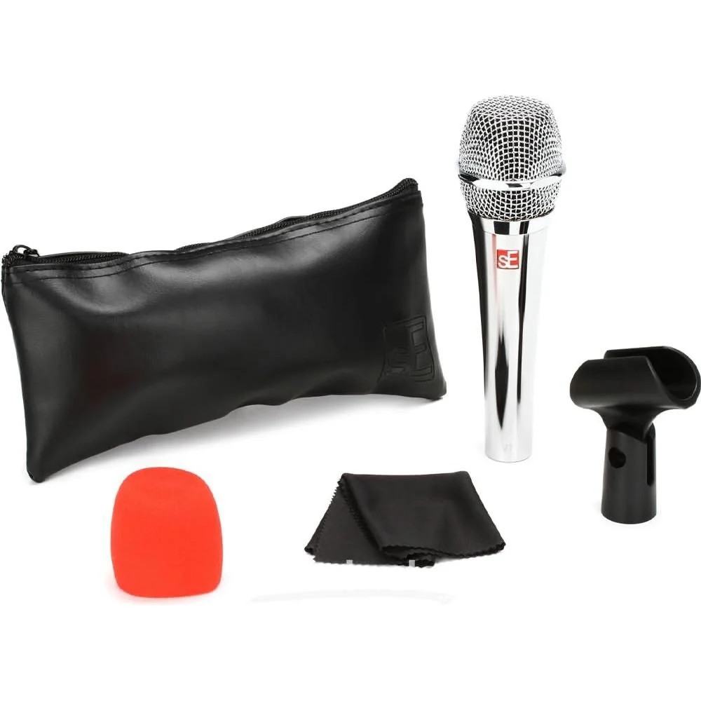 Liquid Audio sE Electronics V7 Supercardioid Dynamic Vocal Microphone in Chrome Finish Bundle w/Pig Hog PHM10 8mm Mic Cable Polishing Cloth - Image 5