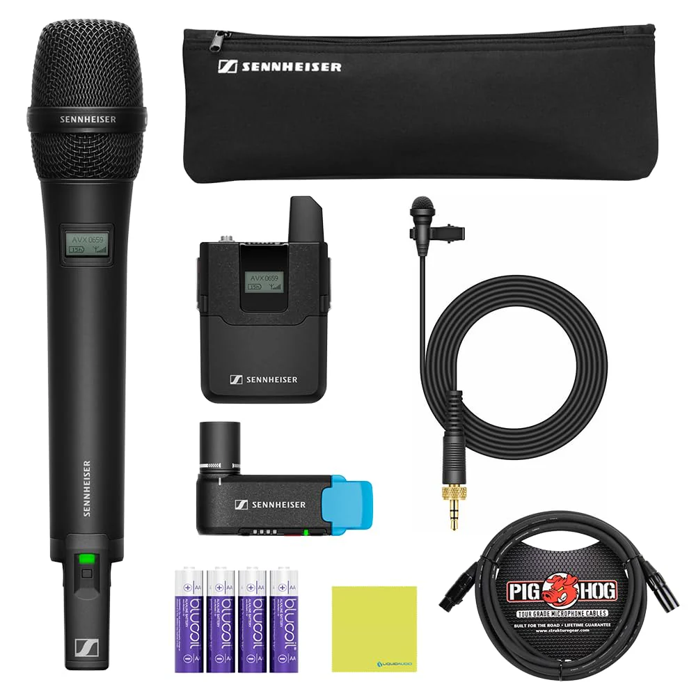 Liquid Audio Sennheiser AVX-Combo Set-4 Wireless Handheld Omnidirectional Microphone Bundle w/Pig Hog PHM10 8mm Mic Cable, 4-Pack Blucoil AA Batteries Polishing Cloth