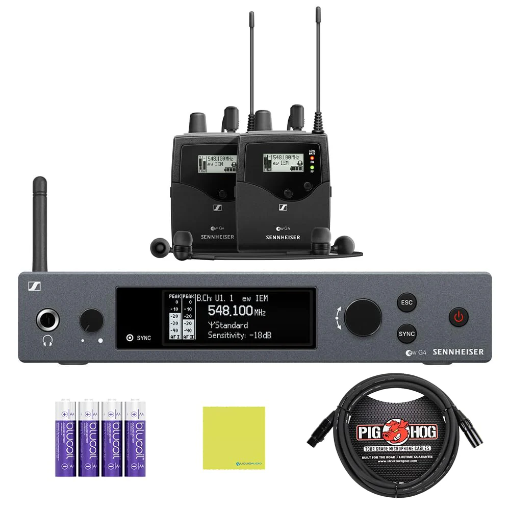 Liquid Audio Sennheiser ew IEM G4-Twin-A Wireless in-Ear Monitoring System Bundle w/Pig Hog PHM10 8mm Mic Cable, 4-Pack Blucoil AA Batteries Polishing Cloth