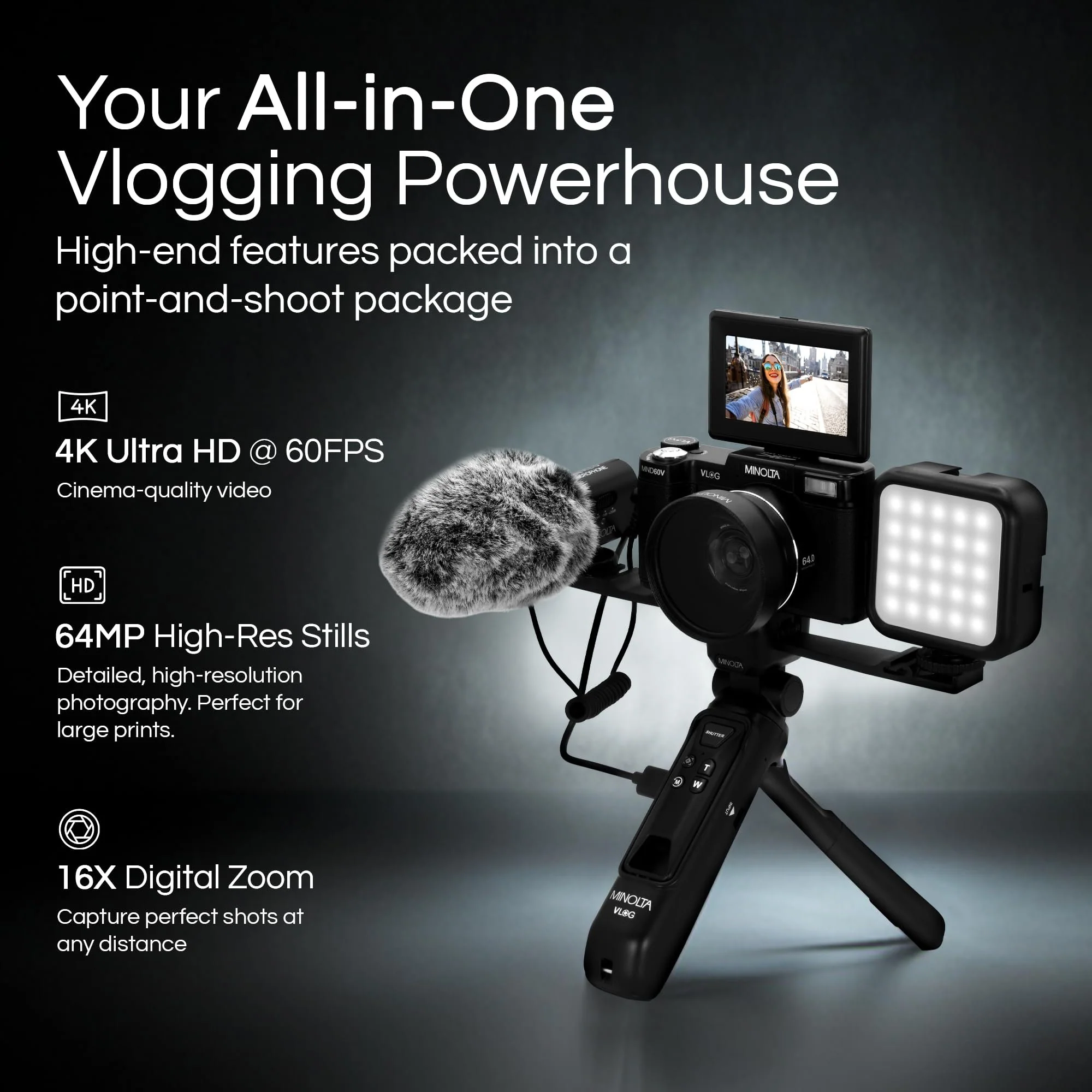Minolta 64MP 4K60FPS VLOG Camera Kit – Digital Autofocus Camcorder with Tripod, Remote, Mic, LED Light, 3-inch LCD Screen, Time-Lapse, Slow Motion, Wide Angle Lens, 32GB Card, USB - Image 3