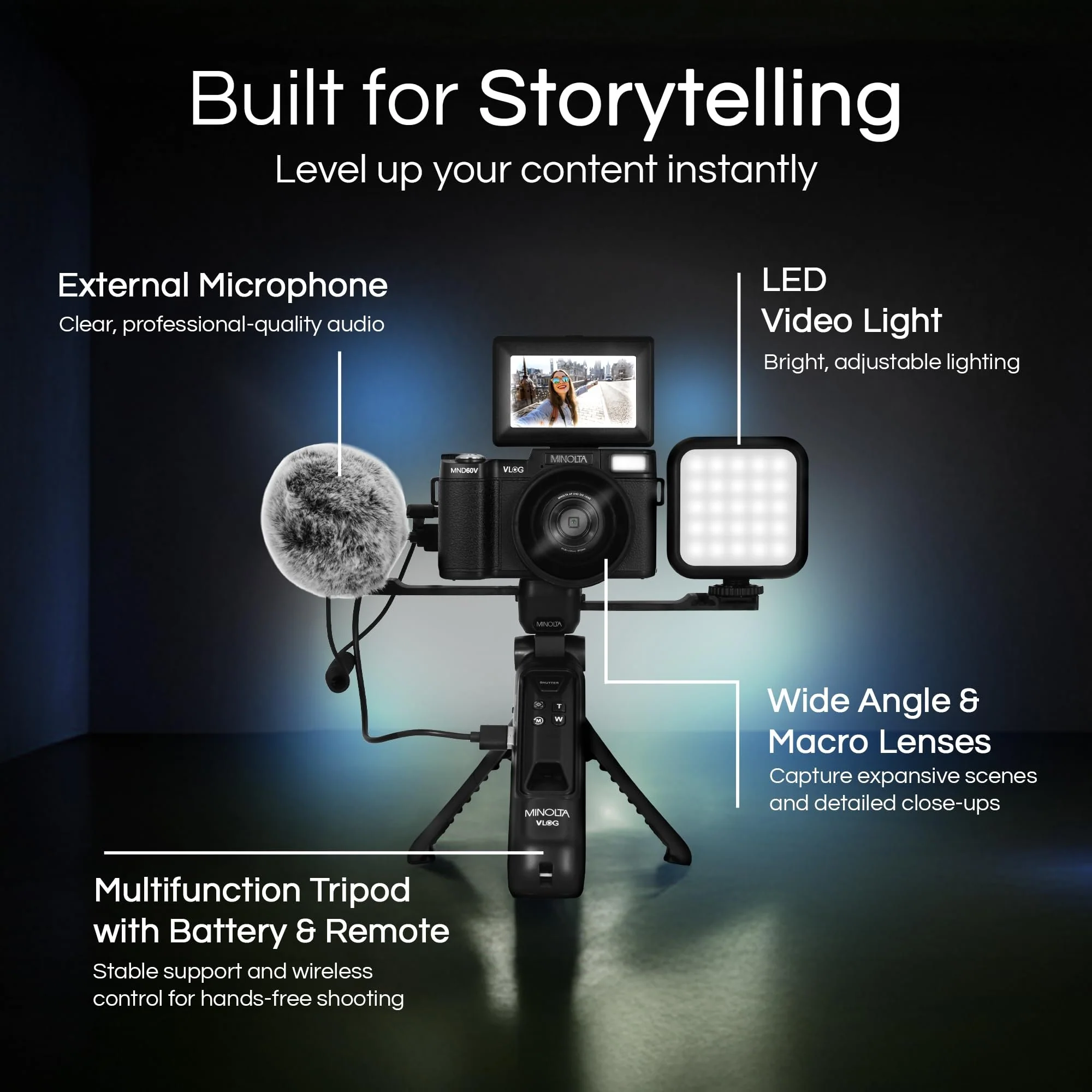 Minolta 64MP 4K60FPS VLOG Camera Kit – Digital Autofocus Camcorder with Tripod, Remote, Mic, LED Light, 3-inch LCD Screen, Time-Lapse, Slow Motion, Wide Angle Lens, 32GB Card, USB - Image 5