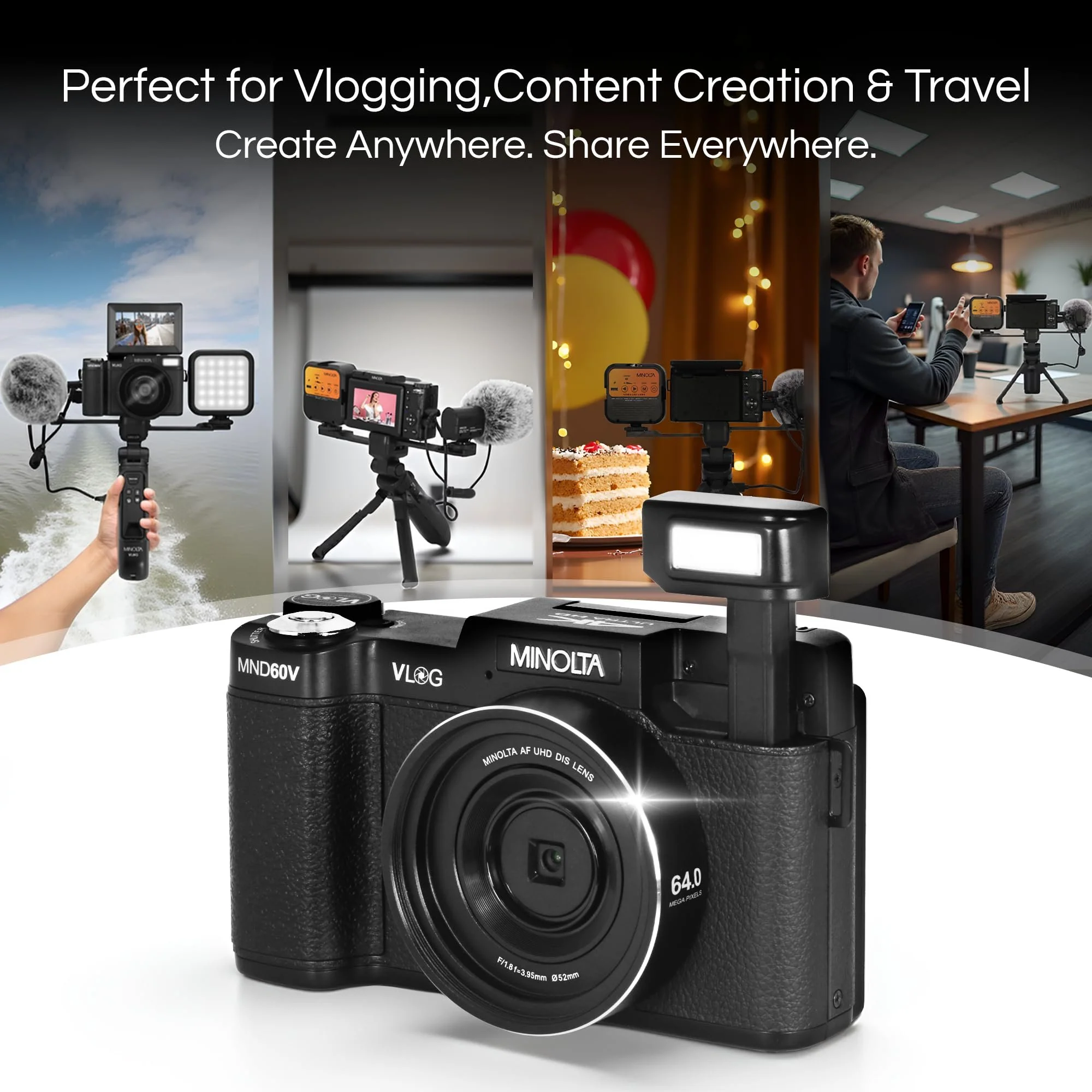 Minolta 64MP 4K60FPS VLOG Camera Kit – Digital Autofocus Camcorder with Tripod, Remote, Mic, LED Light, 3-inch LCD Screen, Time-Lapse, Slow Motion, Wide Angle Lens, 32GB Card, USB - Image 6
