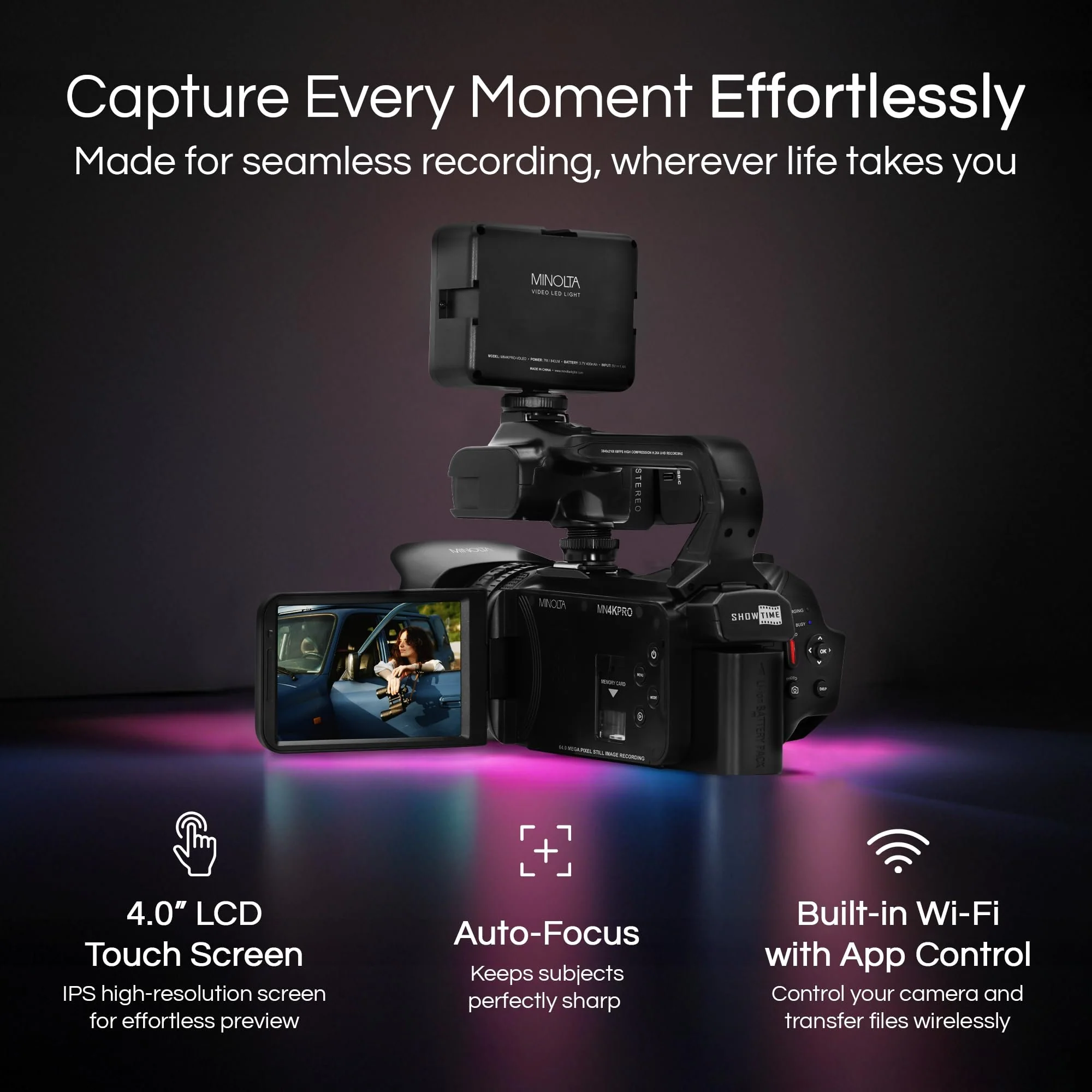 Minolta 64MP Autofocus Video Camera with Microphone & Video Light, 4" Touchscreen, 4K Ultra HD Video, 18x Digital Zoom, WiFi, Stabilizer, 32GB Card, 3100mAh Battery, Carrying Bag (Black) - Image 3