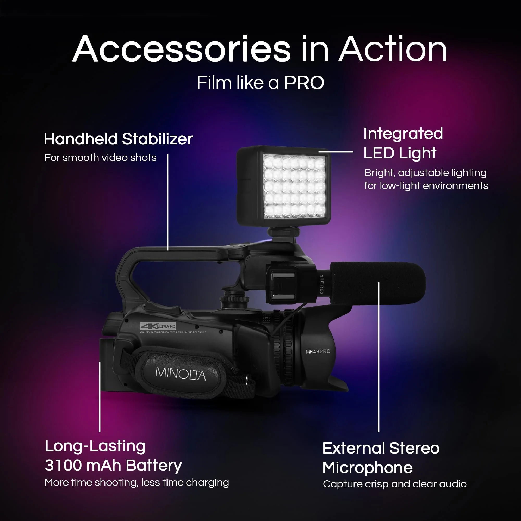 Minolta 64MP Autofocus Video Camera with Microphone & Video Light, 4" Touchscreen, 4K Ultra HD Video, 18x Digital Zoom, WiFi, Stabilizer, 32GB Card, 3100mAh Battery, Carrying Bag (Black) - Image 4