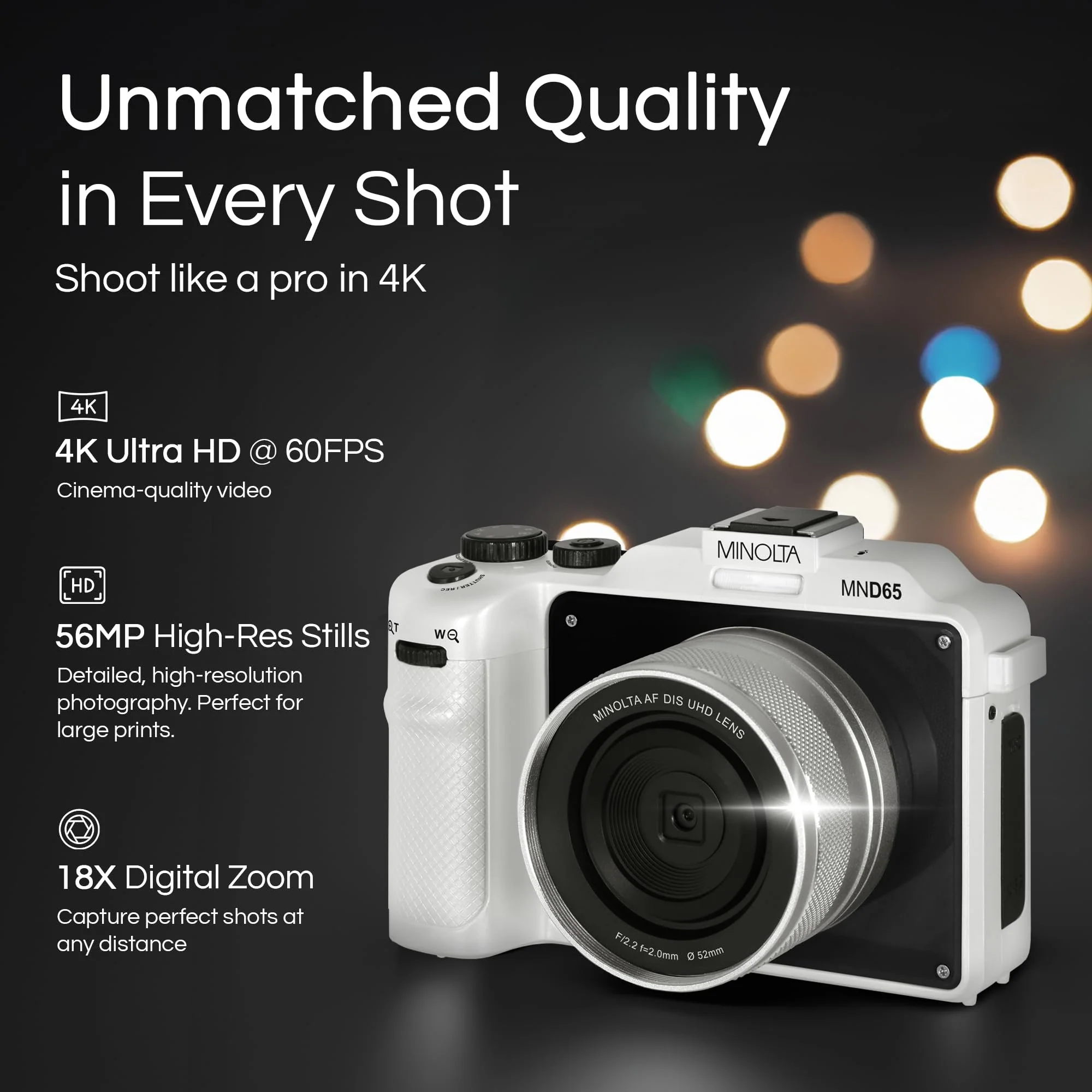 Minolta Digital Camera – 56MP Photos, 4K 60FPS Video, Dual-Lens Selfie Design, 18X Zoom, Wi-Fi, RAW/JPEG Capture, 3” LCD, Compact Travel Camera (Black) - Image 2
