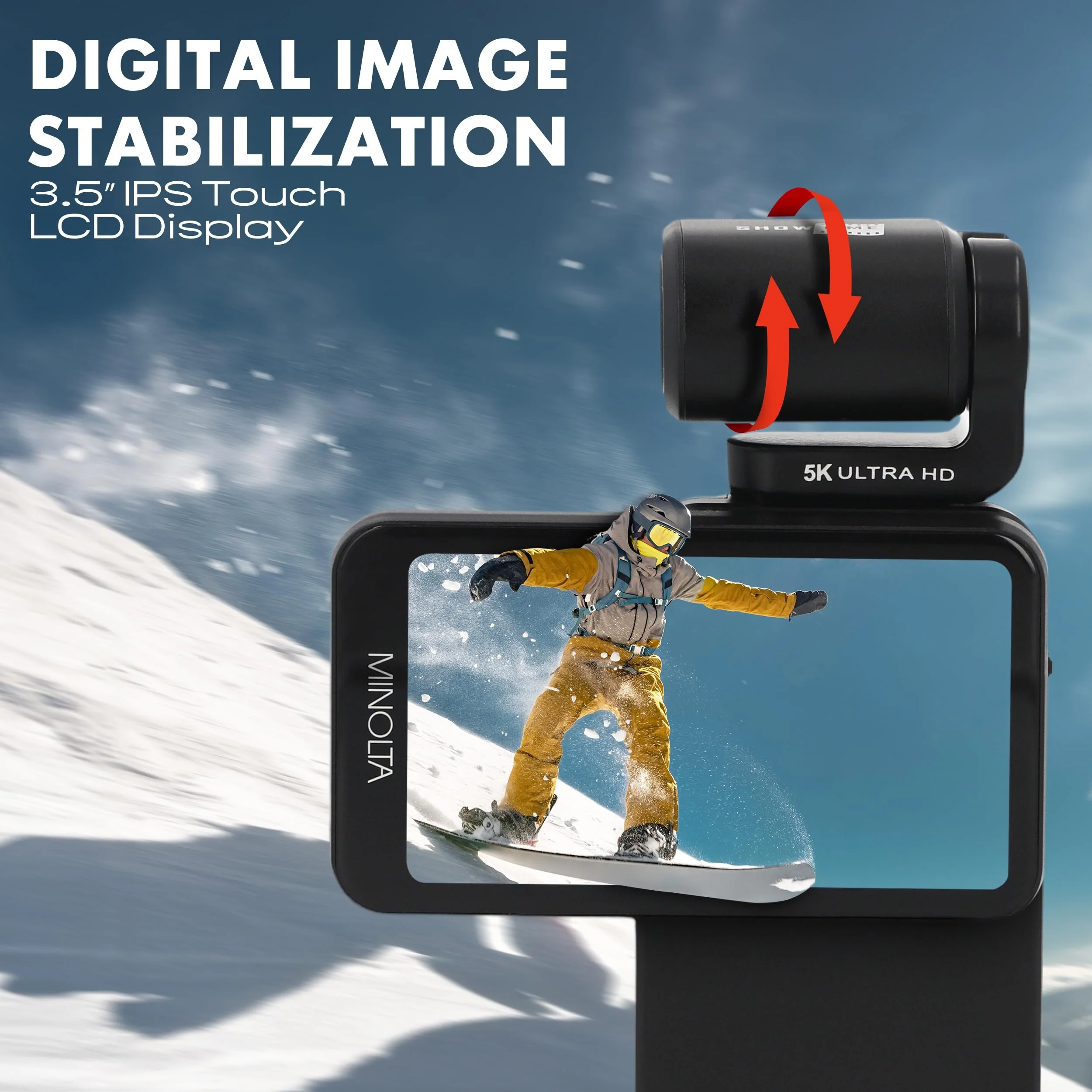 Minolta Pocket Camcorder – 5K Ultra HD Video, 4K at 60fps, 20MP Photos, Night Vision, Motorized 180° Tilting Lens, 3.5” Touchscreen, Wi-Fi, App Control, Infrared Sensor, Compact, Gimbal-Style - Image 2
