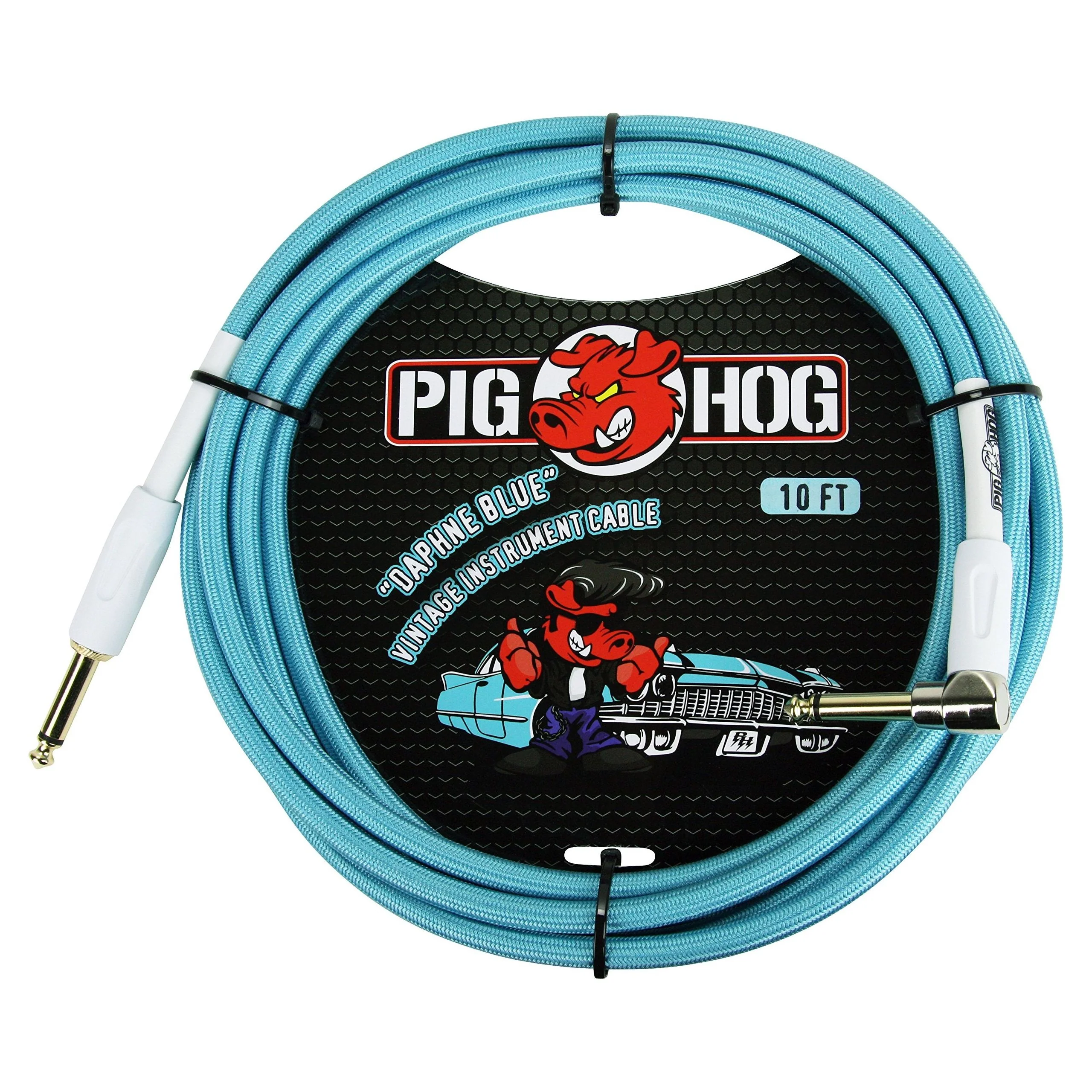Pig Hog PCH10DBR 1/4" to 1/4" Right-Angle Daphne Blue Guitar Instrument Cable - Image 6