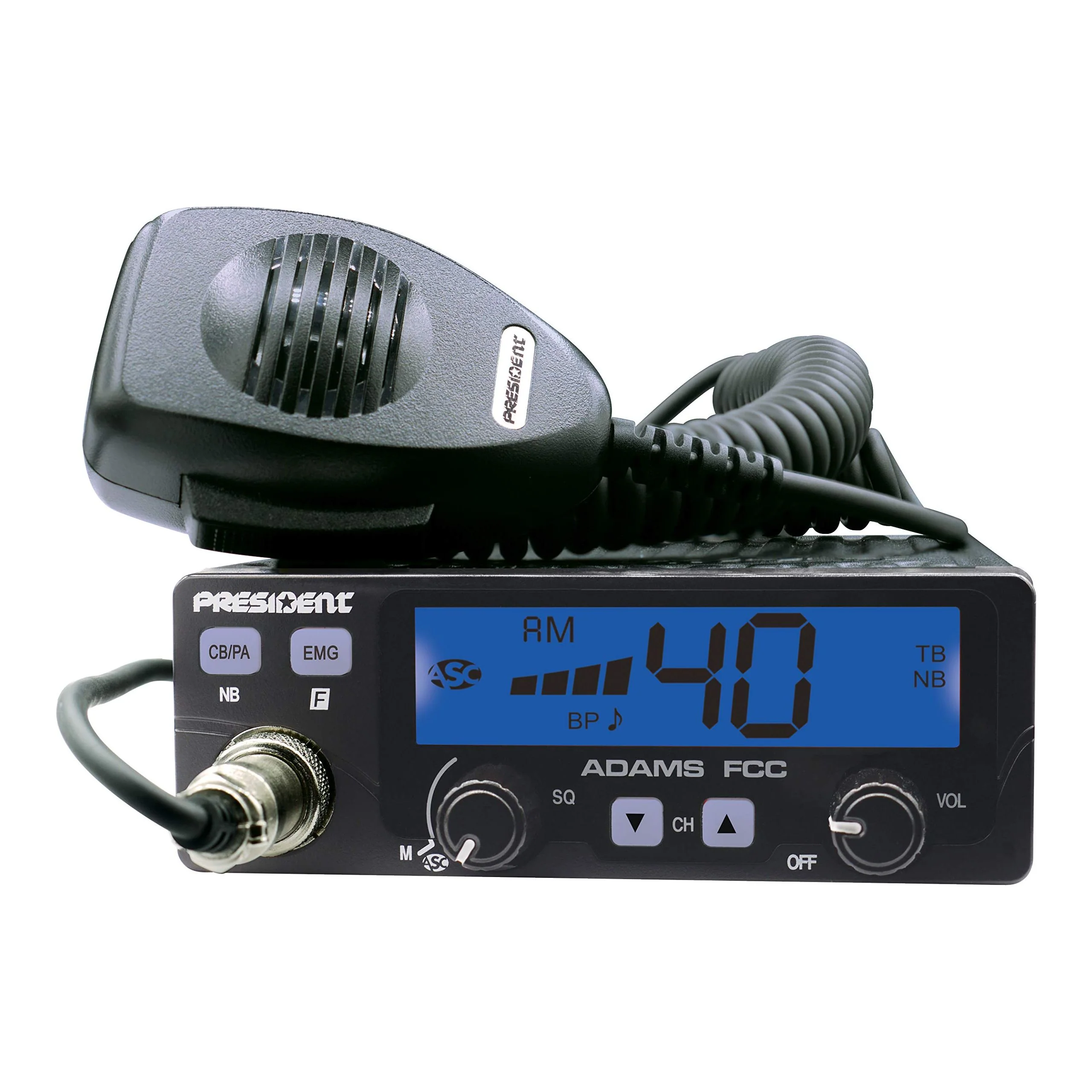 President Adams FCC CB Radio. Large LCD with 7 Colors, Programmable EMG Channel Shortcuts, Roger Beep and Key Beep, Electret or Dynamic Mic, ASC and Manual Squelch, Talkback - Image 3