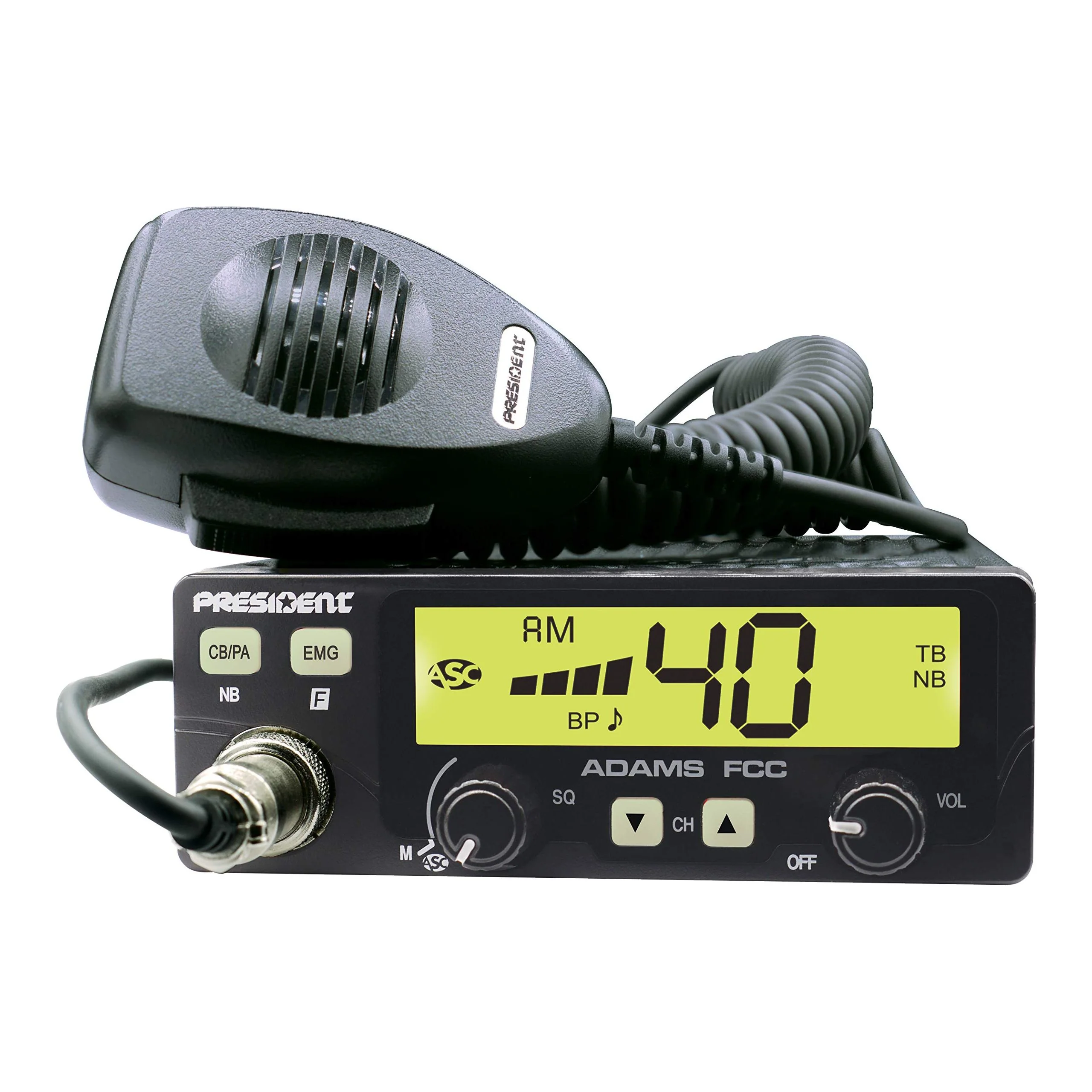 President Adams FCC CB Radio. Large LCD with 7 Colors, Programmable EMG Channel Shortcuts, Roger Beep and Key Beep, Electret or Dynamic Mic, ASC and Manual Squelch, Talkback - Image 5