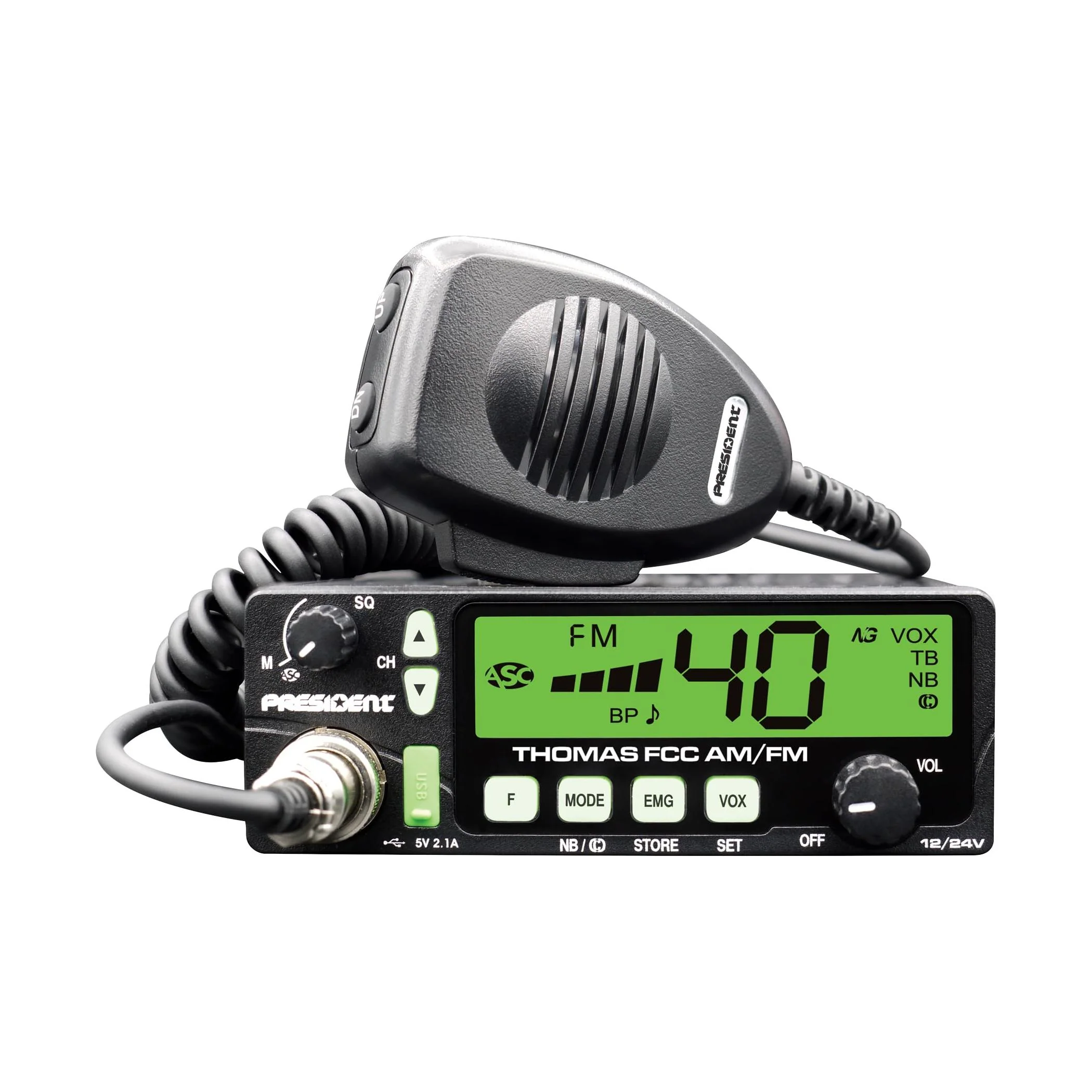President Electronics Thomas FCC 40-Channel AM/FM Radio, Black; 12/24 V, Up/Down Channel Selector, Volume Adjustment, Manual Squelch and ASC, Multi-Functions LCD Display, Mode Switch AM/FM - Image 5