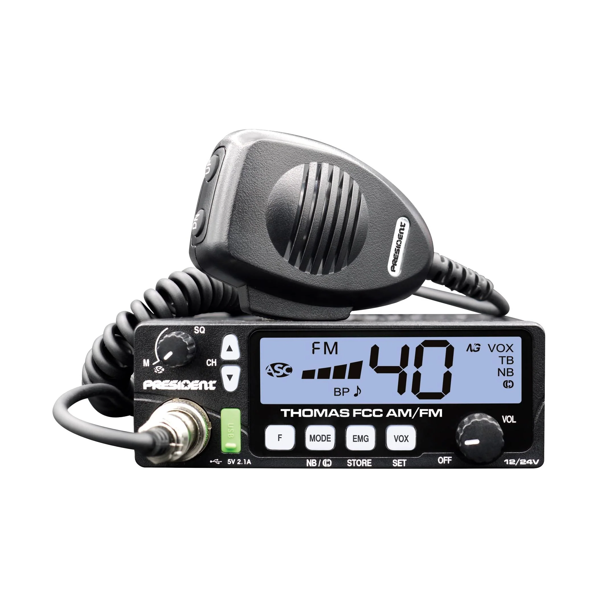 President Electronics Thomas FCC 40-Channel AM/FM Radio, Black; 12/24 V, Up/Down Channel Selector, Volume Adjustment, Manual Squelch and ASC, Multi-Functions LCD Display, Mode Switch AM/FM - Image 6