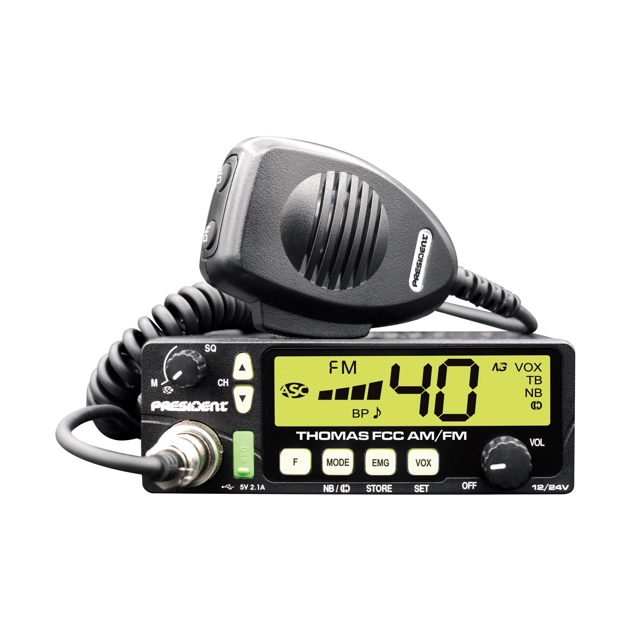 President Electronics Thomas FCC 40-Channel AM/FM Radio, Black; 12/24 V, Up/Down Channel Selector, Volume Adjustment, Manual Squelch and ASC, Multi-Functions LCD Display, Mode Switch AM/FM - Image 7