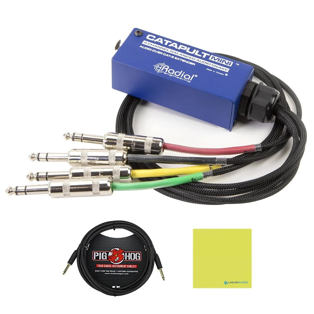Radial Catapult Mini TRS Cat 5/6 Audio Snake Module with 1/4 inch TRS Connectors Bundle with 10ft Pig Hog Black Woven Instrument Cable