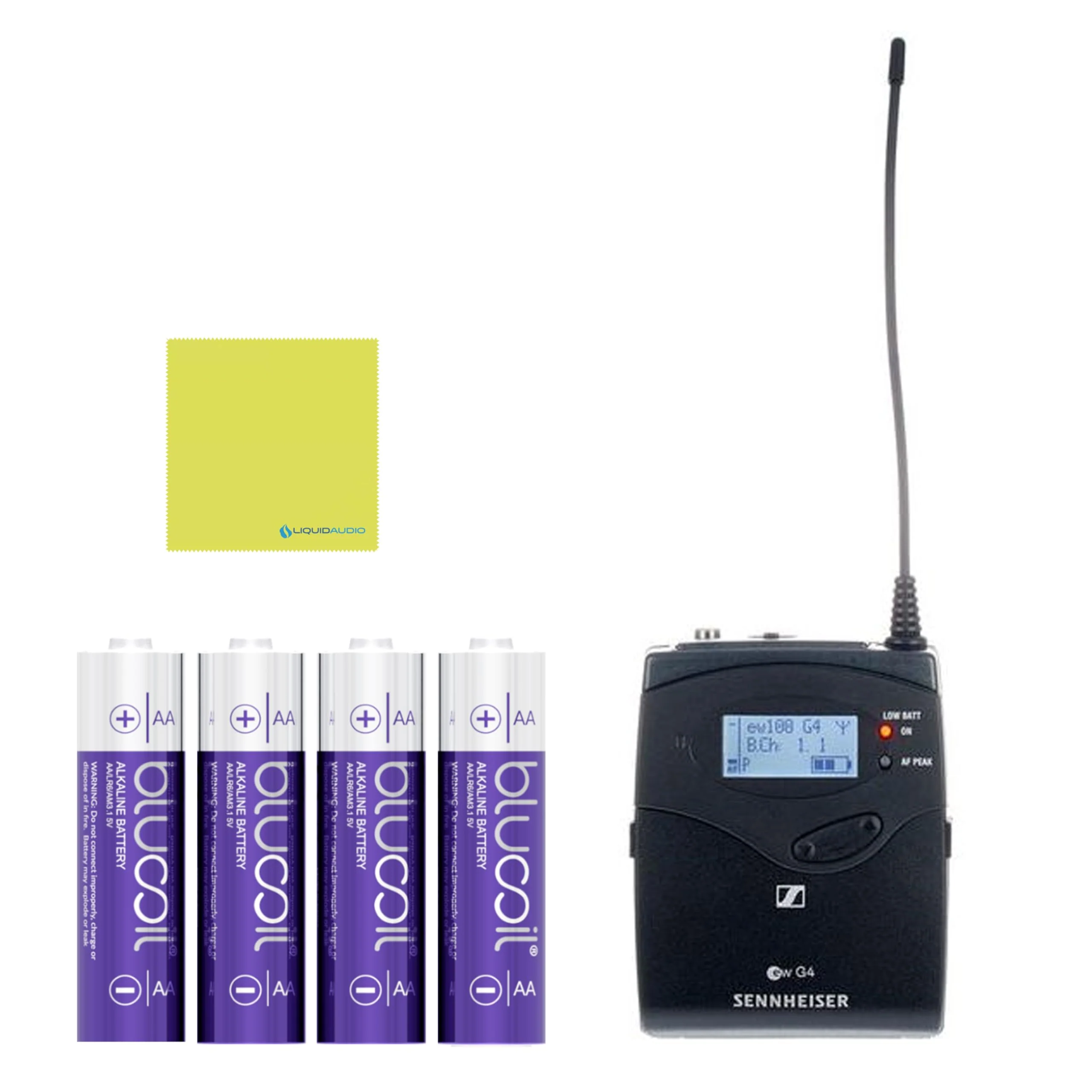 Sennheiser SK 100 G4-G Wireless Bodypack Transmitter with Blucoil AA Batteries (4-Pack) and Liquid Audio Polishing Cloth Bundle