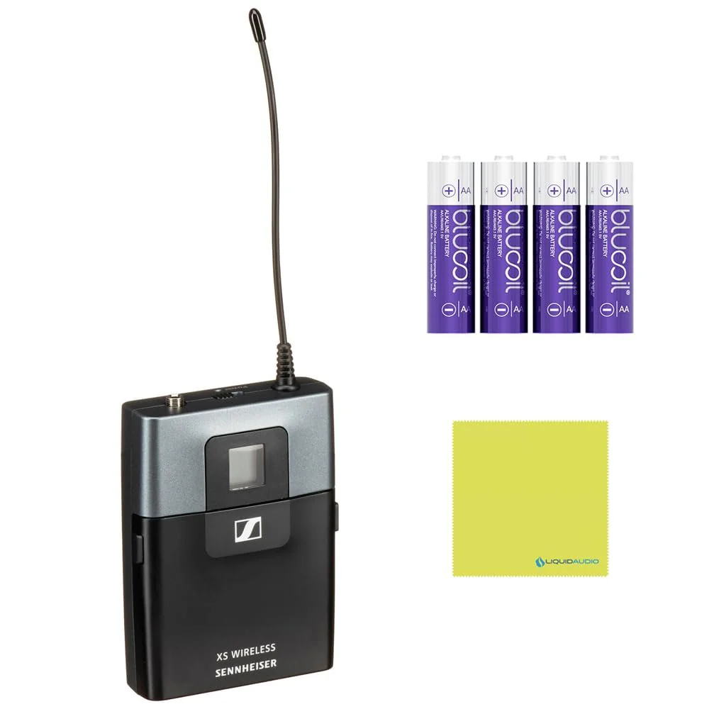 Sennheiser SK XSW Wireless Bodypack Transmitter – A Range Bundle with 4X Blucoil AA Batteries & Polishing Cloth – Rugged Design, Secure Transmission, and Extended Battery Life, (SK-XSW-A),Black