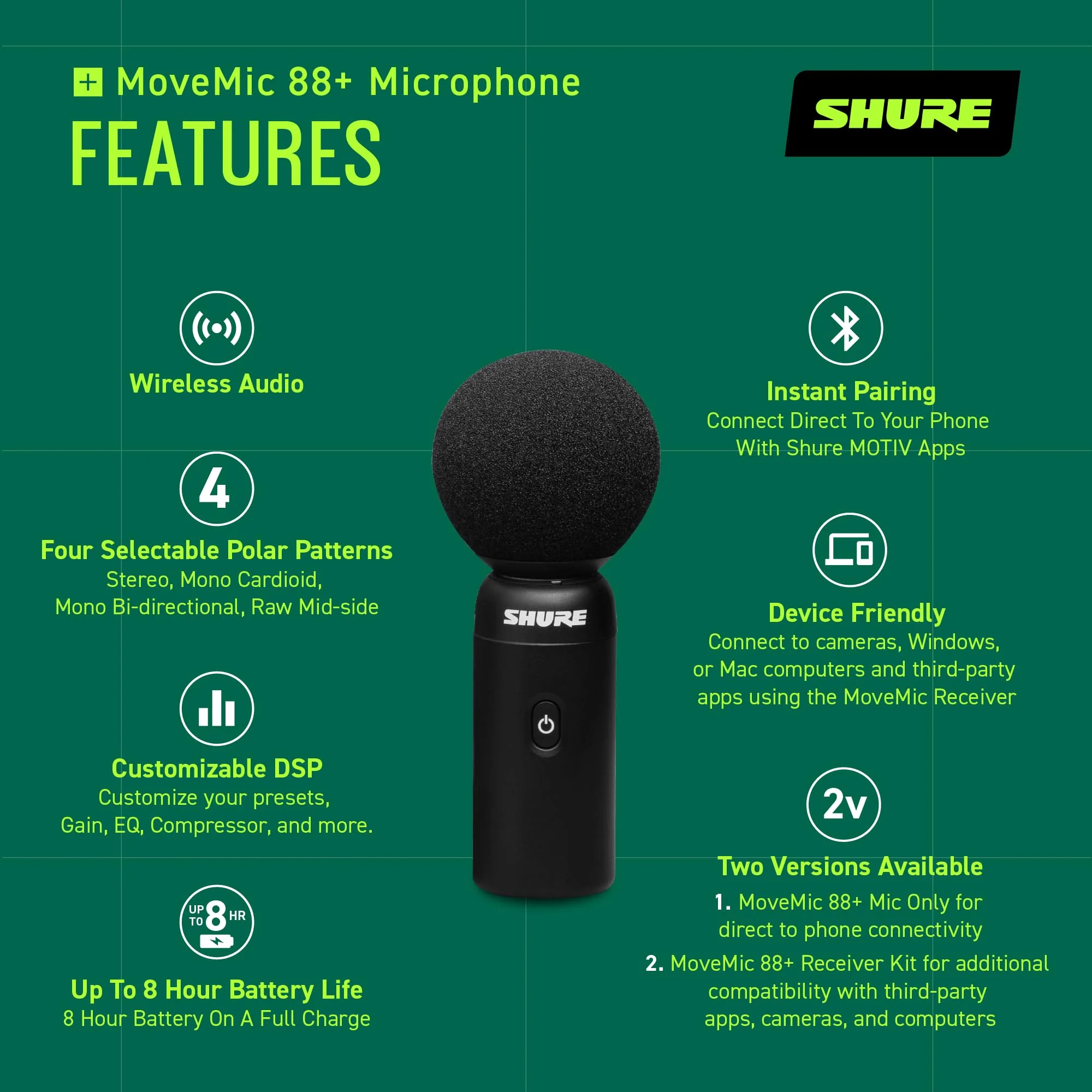 Shure MoveMic 88+ Wireless Microphone - Professional Audio Recorder for Film/Field Recording Interviews, Stereo Mic 4 Polar Patterns | Compatible with iOS/Android via Motiv App (MV88+W-Z7) - Image 29
