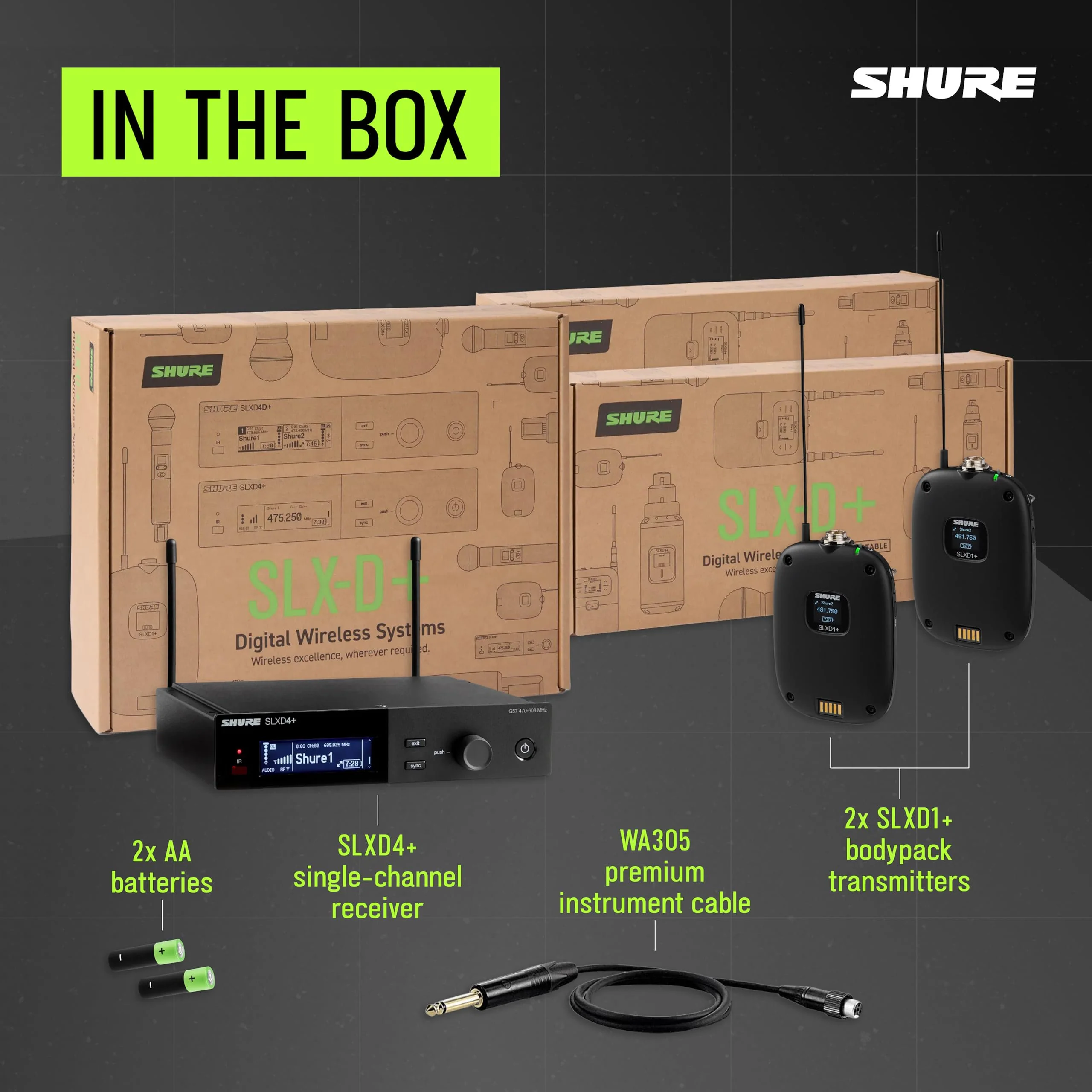 Shure SLXD14+ Wireless System - Includes SLXD4+ Receiver, SLXD1+ Bodypack with WA305 Cable for Guitar/Bass, Bluetooth Monitoring, Feedback Reduction, WWB and Mobile App Control, G57 Band - Image 2