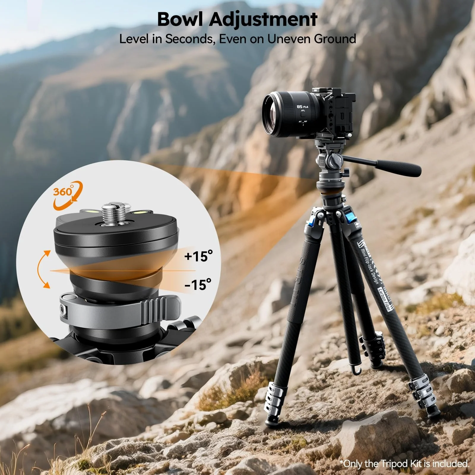 SIRUI Carbon Fiber Travel Tripod with Fluid Head, 60" Lightweight Compact Tripod for Cameras, Quick Mini Flip Locks, Reversible Center Column, Max Load 11lbs (L-224FL+KV-5) - Image 3