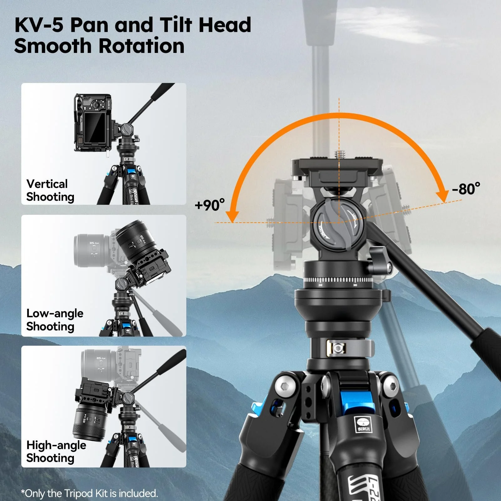 SIRUI Carbon Fiber Travel Tripod with Fluid Head, 60" Lightweight Compact Tripod for Cameras, Quick Mini Flip Locks, Reversible Center Column, Max Load 11lbs (L-224FL+KV-5) - Image 4