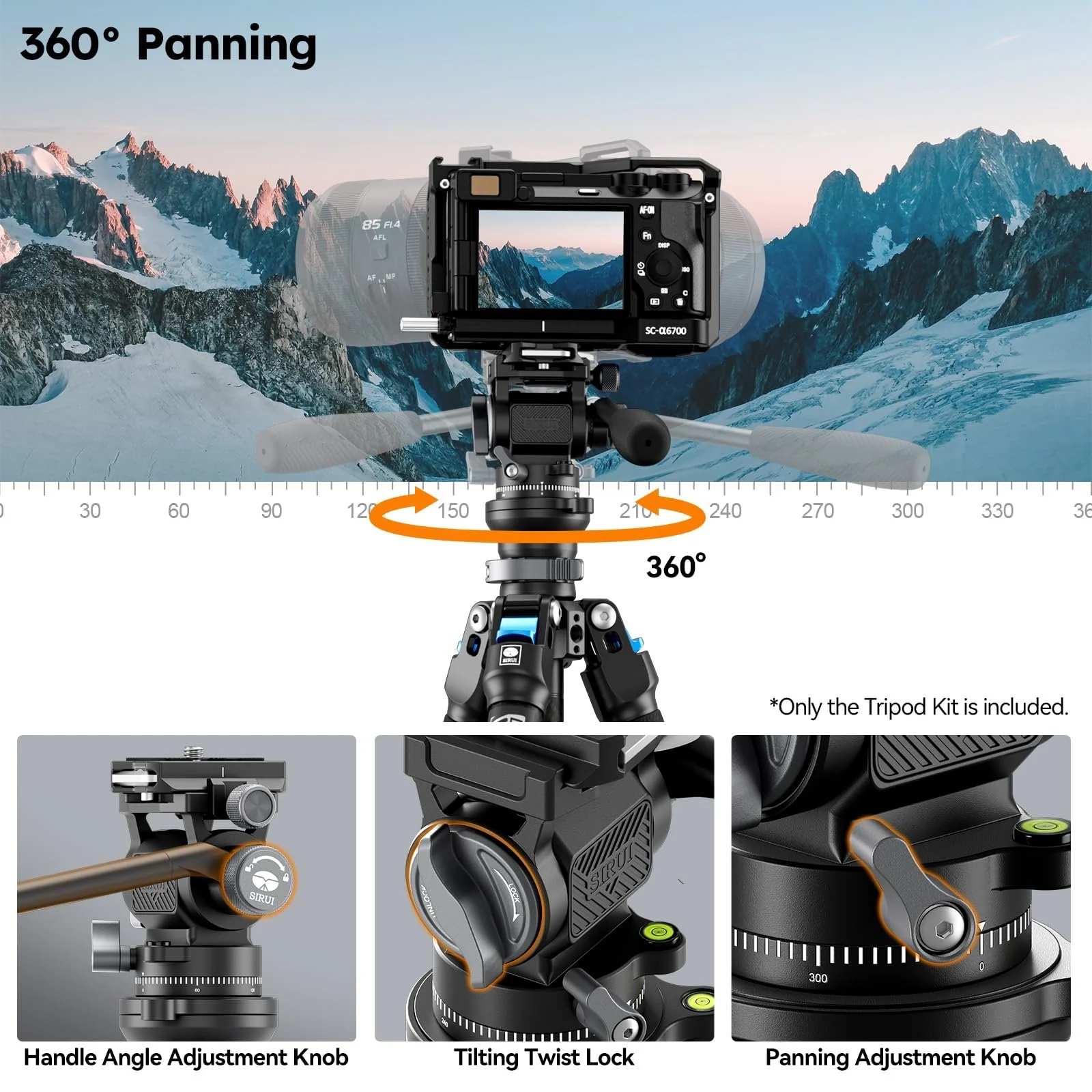 SIRUI Carbon Fiber Travel Tripod with Fluid Head, 60" Lightweight Compact Tripod for Cameras, Quick Mini Flip Locks, Reversible Center Column, Max Load 11lbs (L-224FL+KV-5) - Image 5