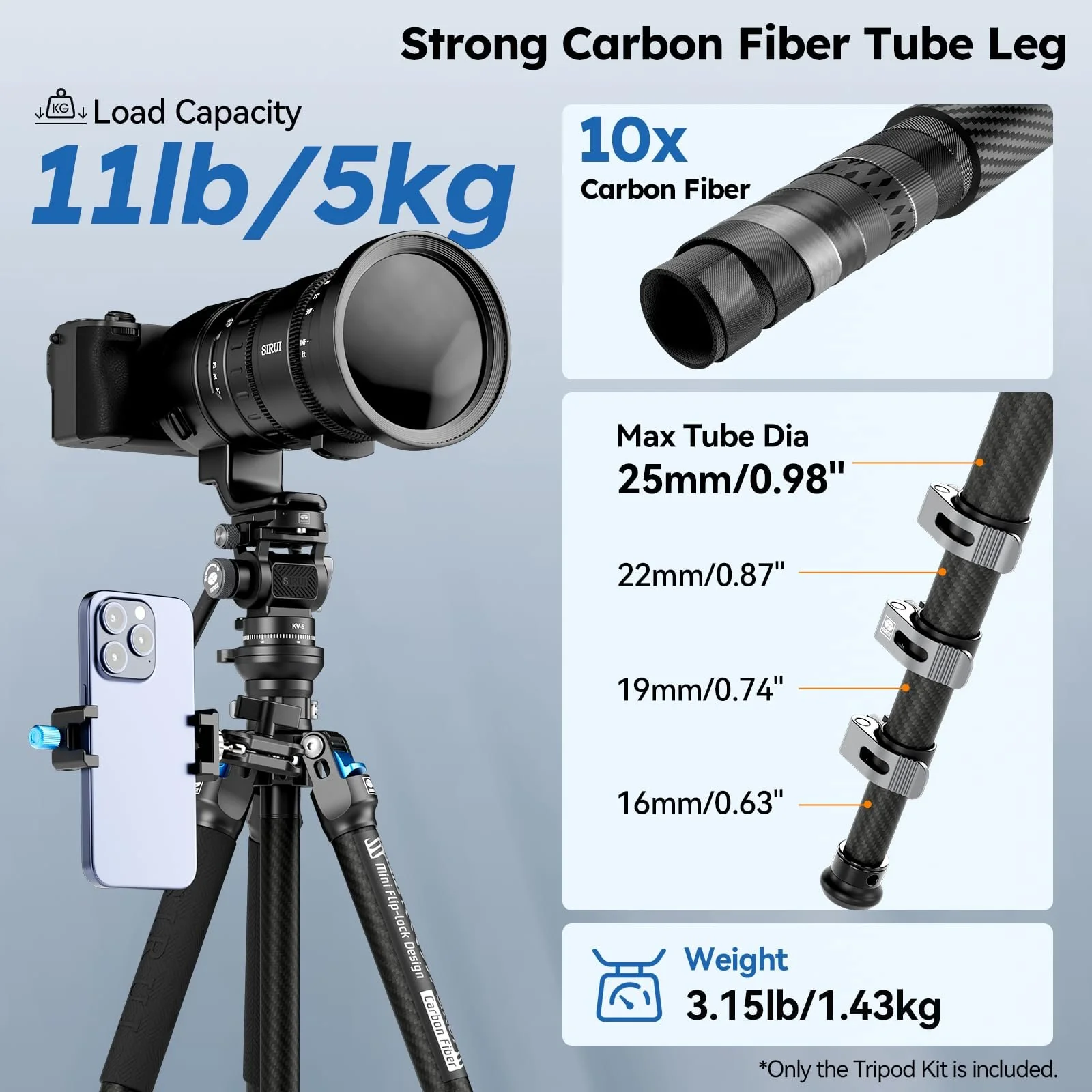 SIRUI Carbon Fiber Travel Tripod with Fluid Head, 60" Lightweight Compact Tripod for Cameras, Quick Mini Flip Locks, Reversible Center Column, Max Load 11lbs (L-224FL+KV-5) - Image 6