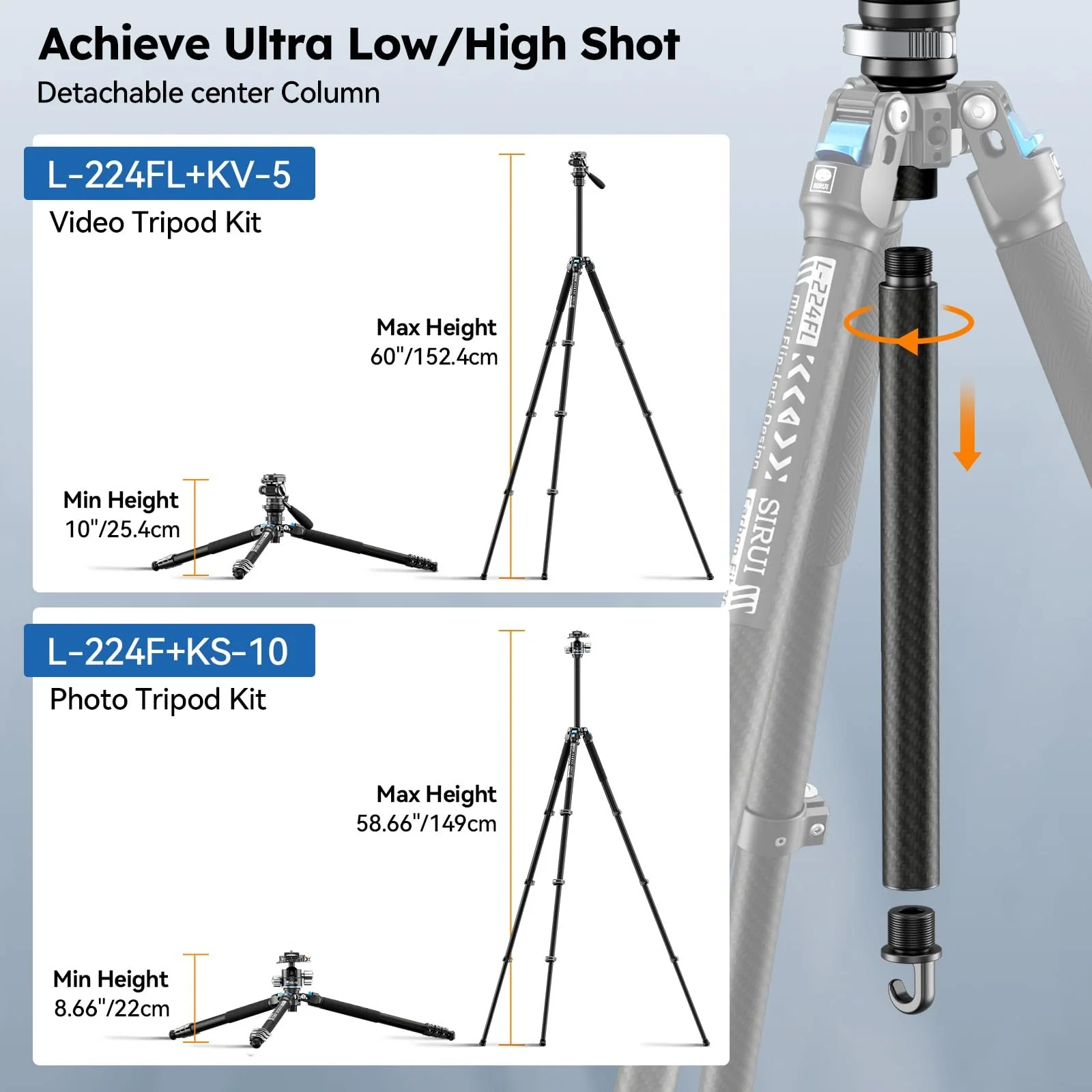 SIRUI Carbon Fiber Travel Tripod with Fluid Head, 60" Lightweight Compact Tripod for Cameras, Quick Mini Flip Locks, Reversible Center Column, Max Load 11lbs (L-224FL+KV-5) - Image 7
