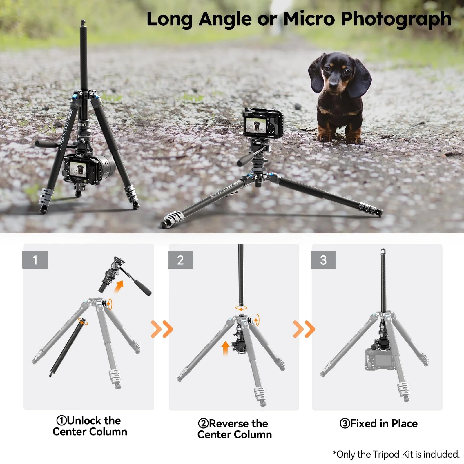 SIRUI Carbon Fiber Travel Tripod with Fluid Head, 60" Lightweight Compact Tripod for Cameras, Quick Mini Flip Locks, Reversible Center Column, Max Load 11lbs (L-224FL+KV-5) - Image 8