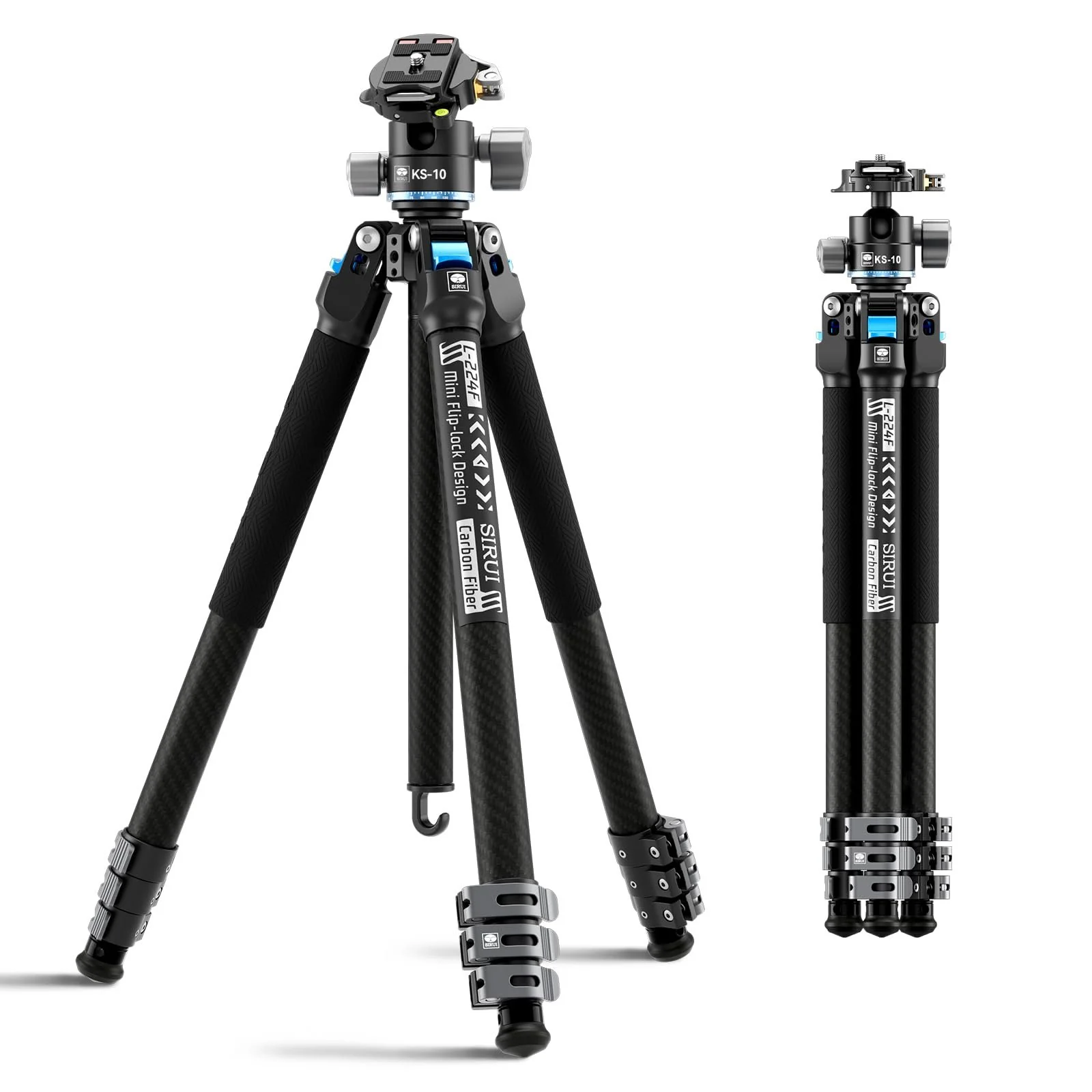 SIRUI Carbon Fiber Travel Tripod with Low Profile Ball Head, 58.6" Lightweight Compact Tripod for Cameras, Quick Mini Flip Locks, Reversible Center Column, Max Load 33lbs (L-224FL+KS-10)