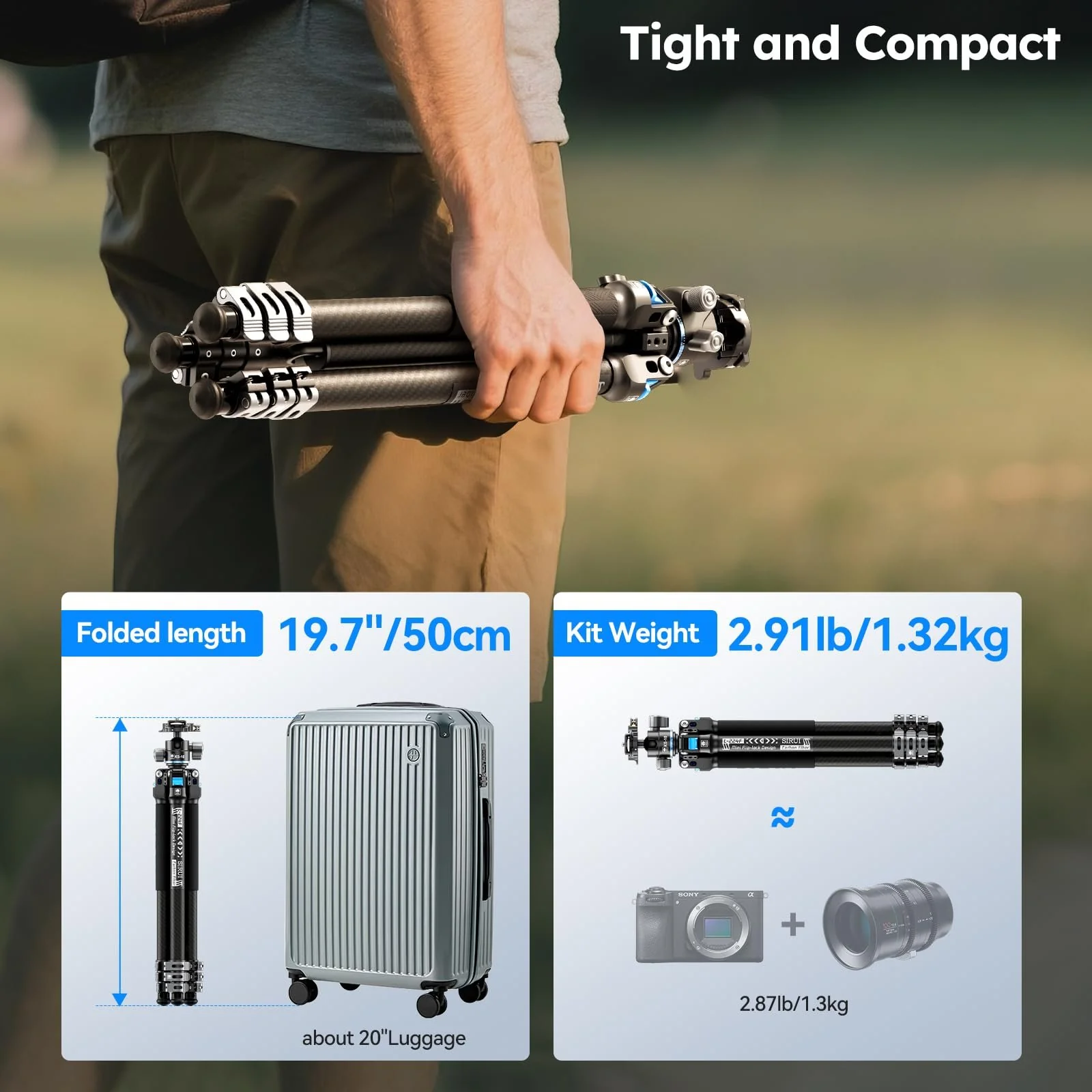 SIRUI Carbon Fiber Travel Tripod with Low Profile Ball Head, 58.6" Lightweight Compact Tripod for Cameras, Quick Mini Flip Locks, Reversible Center Column, Max Load 33lbs (L-224FL+KS-10) - Image 3