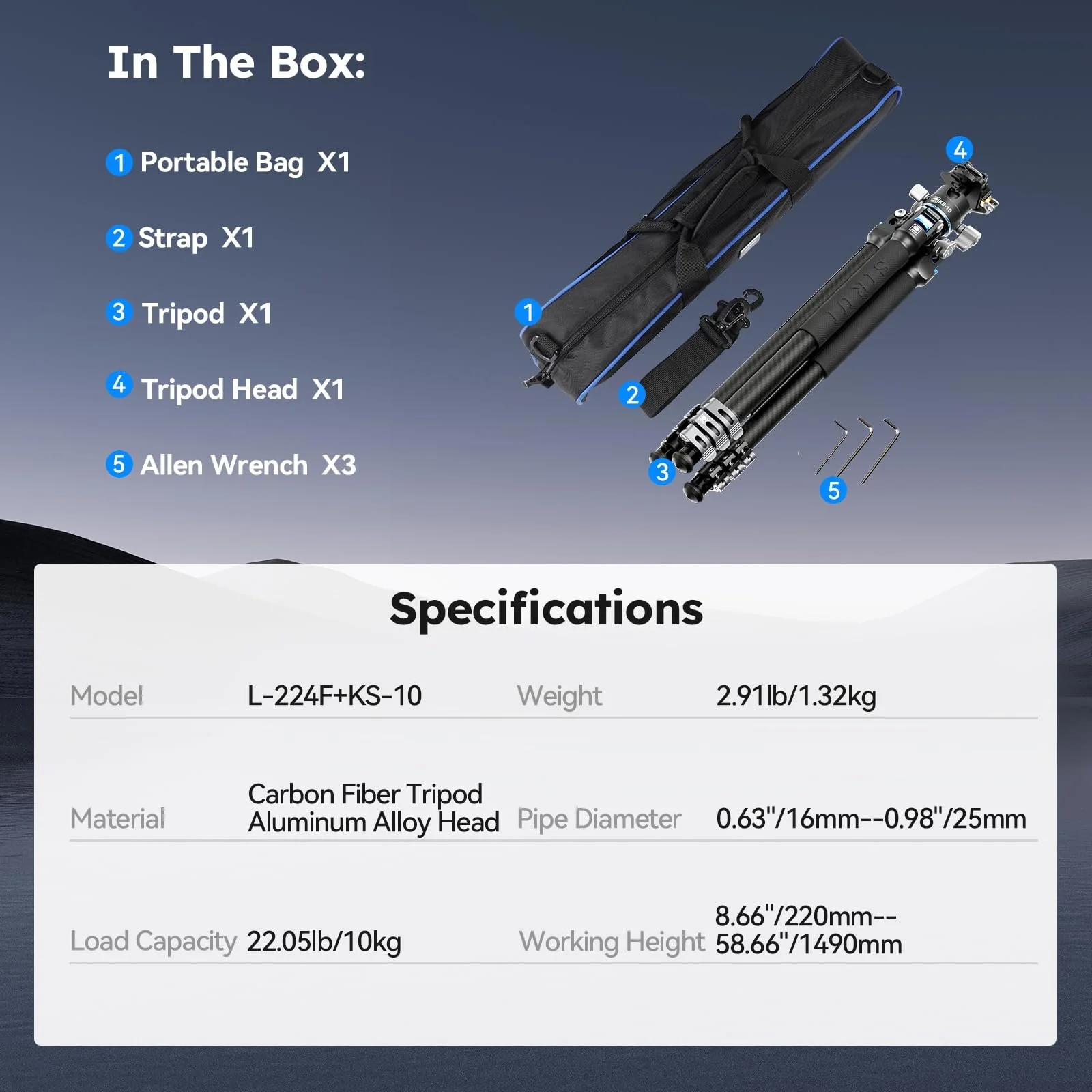 SIRUI Carbon Fiber Travel Tripod with Low Profile Ball Head, 58.6" Lightweight Compact Tripod for Cameras, Quick Mini Flip Locks, Reversible Center Column, Max Load 33lbs (L-224FL+KS-10) - Image 8