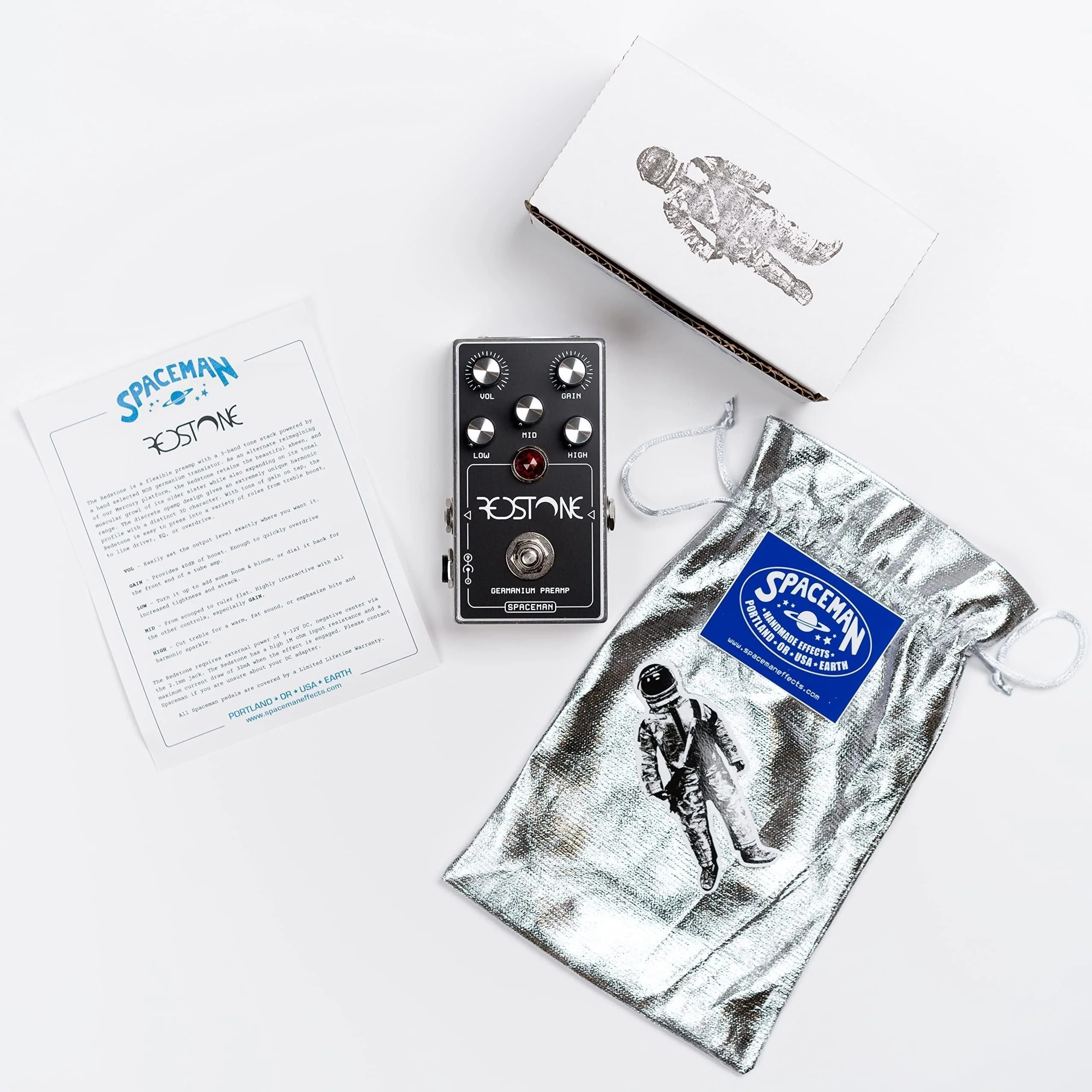 Spaceman Redstone: Germanium Preamp Guitar Effects Pedal - Silver Standard Edition with Volume, Gain and 3-Band Tone Stack Controls - Image 7