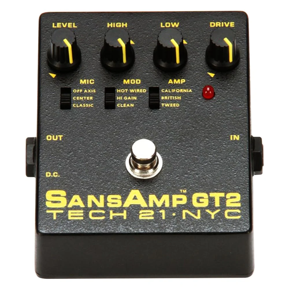 Tech 21 SansAmp GT2 Tube Amp Emulator Pedal Bundle w/ 2-Pack Strukture S6P48 Woven Right Angle Patch Cables, 12-Pack Guitar Picks and Liquid Audio Polishing Cloth - Image 3