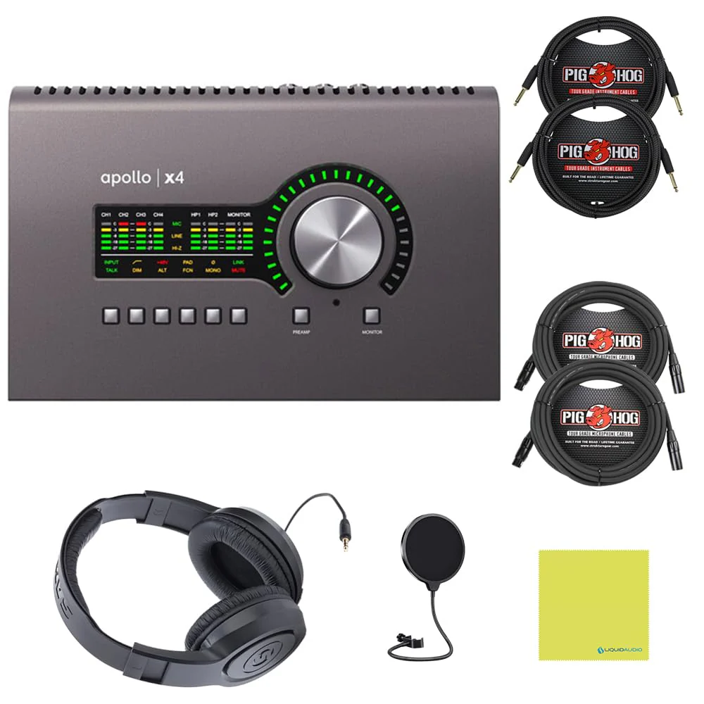 Universal Audio Apollo x4 Desktop Thunderbolt 3 Audio Interface Bundle w/Samson Over-Ear Headphones, 2-Pack Pig Hog 8mm XLR Mic Cable, 2-Pack Pig Hog "Black Woven" Instrument Cable, & Pop Filter